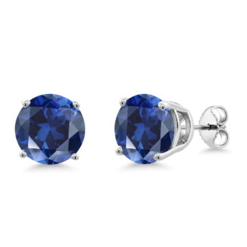 Gem Stone King 925 Sterling Silver Blue Created Sapphire Stud Earrings for Women Men (7.32 Cttw, Round 10MM)