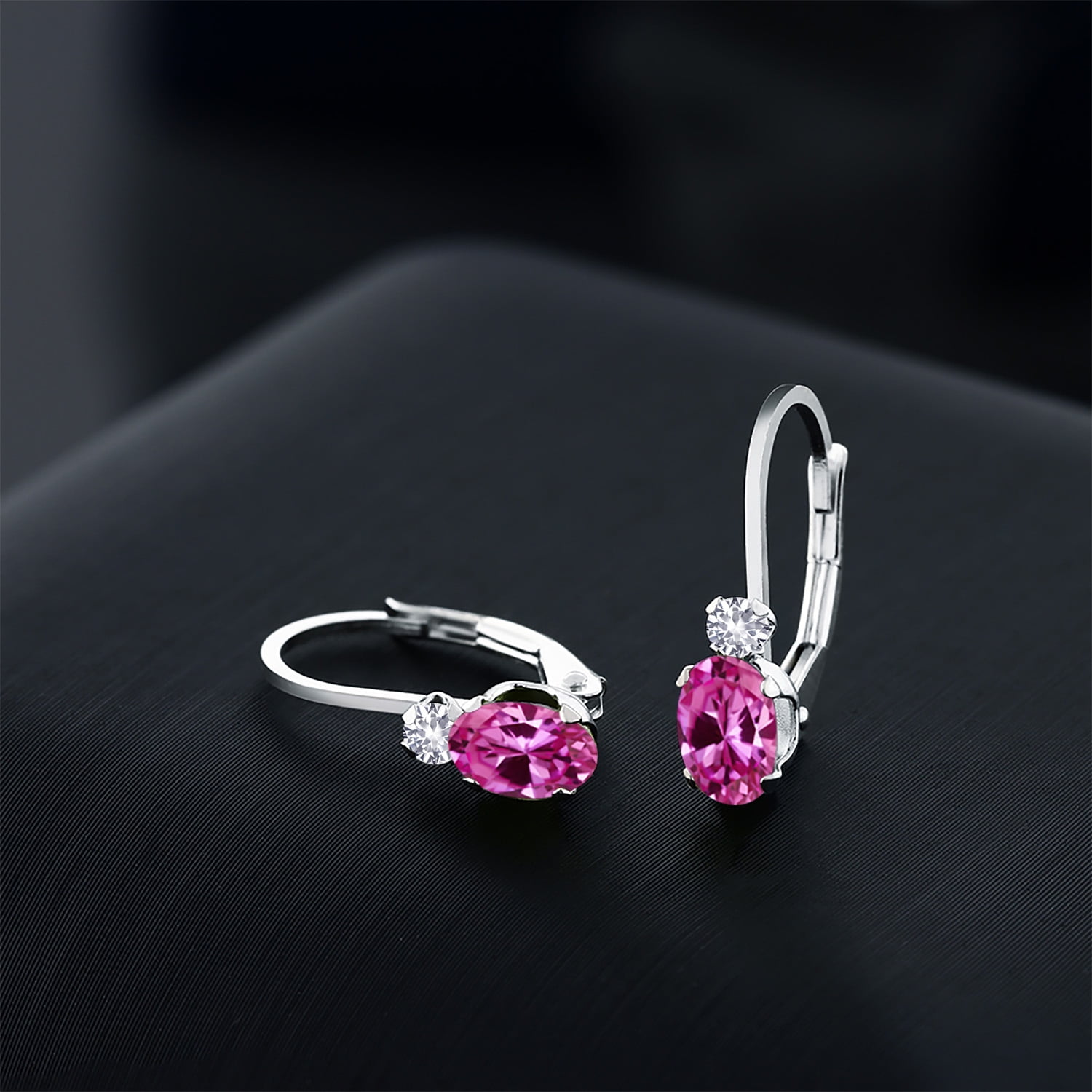 Gem Stone King 925 Sterling Silver Pink Created Sapphire and White Created Sapphire Leverback Earrings for Women (1.08 Cttw, Gemstone September Birthstone, Oval 6X4MM, Round 2MM, 3/4 inch) - Image 2