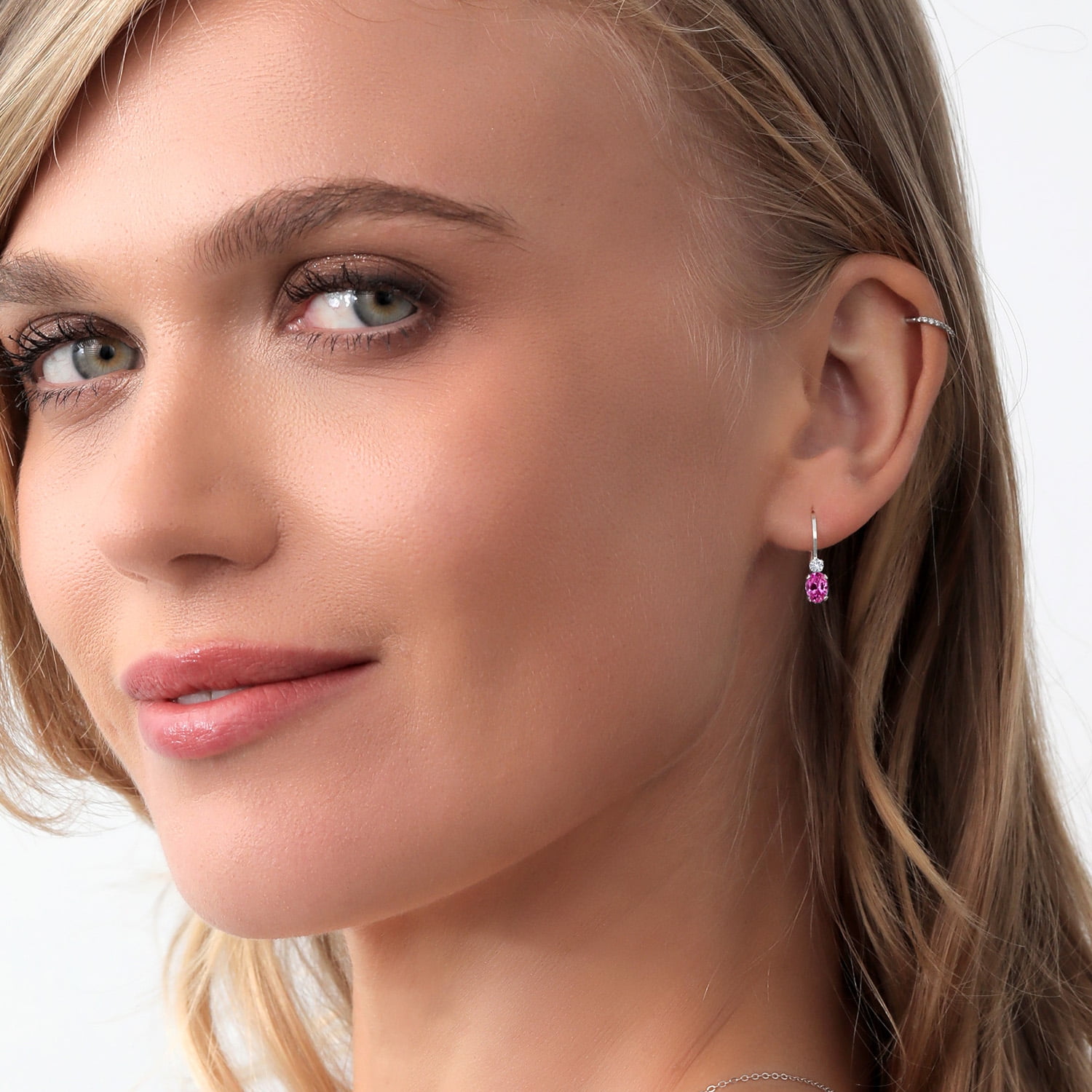 Gem Stone King 925 Sterling Silver Pink Created Sapphire and White Created Sapphire Leverback Earrings for Women (1.08 Cttw, Gemstone September Birthstone, Oval 6X4MM, Round 2MM, 3/4 inch) - Image 4