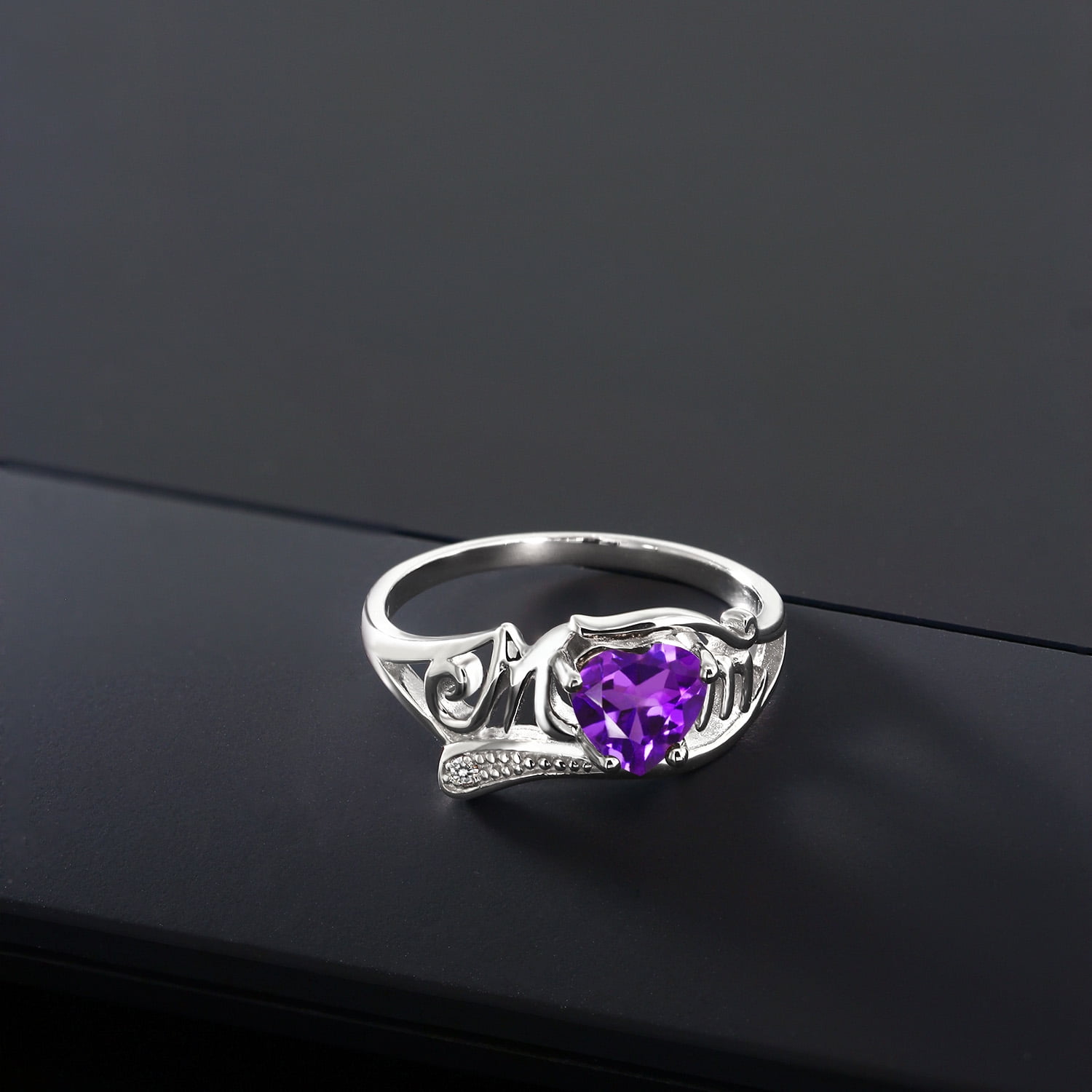 Gem Stone King Amethyst and Diamond Mother's Day MOM Ring for Women | 925 Sterling Silver | 0.66 Cttw | Heart Shape 6MM | Gemstone Birthstone | Available in Size 5, 6, 7, 8, 9 - Image 4