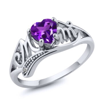 Gem Stone King Amethyst and Diamond Mother's Day MOM Ring for Women | 925 Sterling Silver | 0.66 Cttw | Heart Shape 6MM | Gemstone Birthstone | Available in Size 5, 6, 7, 8, 9
