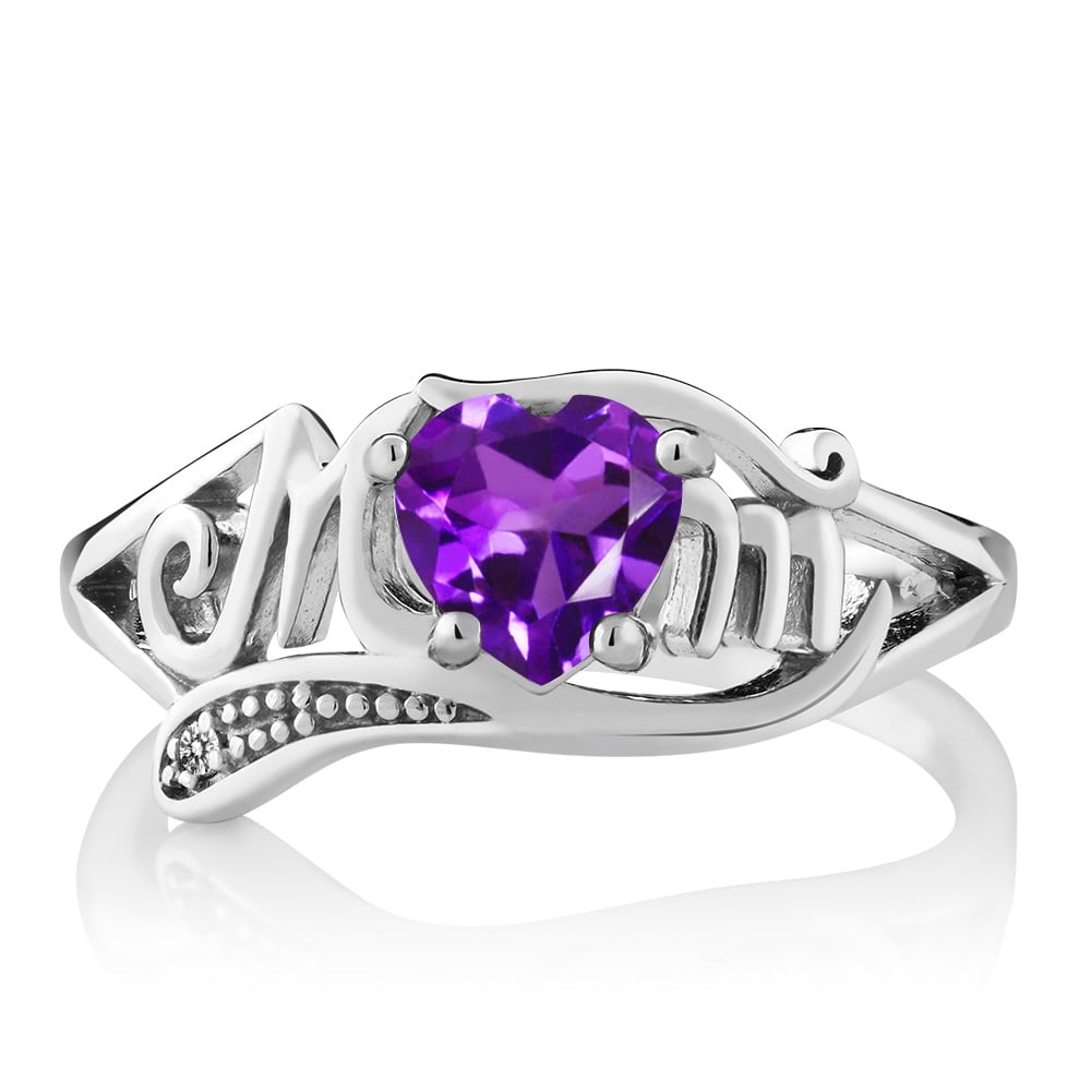 Gem Stone King Amethyst and Diamond Mother's Day MOM Ring for Women | 925 Sterling Silver | 0.66 Cttw | Heart Shape 6MM | Gemstone Birthstone | Available in Size 5, 6, 7, 8, 9 - Image 2