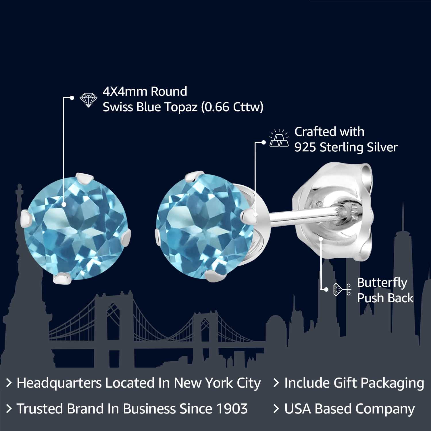 Gem Stone King Swiss Blue Topaz Stud Earrings for Women Men | 925 Sterling Silver | 0.66 Cttw | Gemstone Birthstone | Round 4MM - Image 3