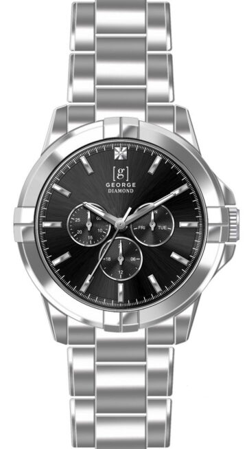 George Men's 41mm Silver Tone Black Dial Genuine Diamond Bracelet Watch