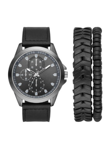 George Men's Watch Set: Gunmetal Case, Black Dial, Textured Vegan Leather Band, Braided PU Band, Stretchy Bead Bracelet (FMDXGE038).
