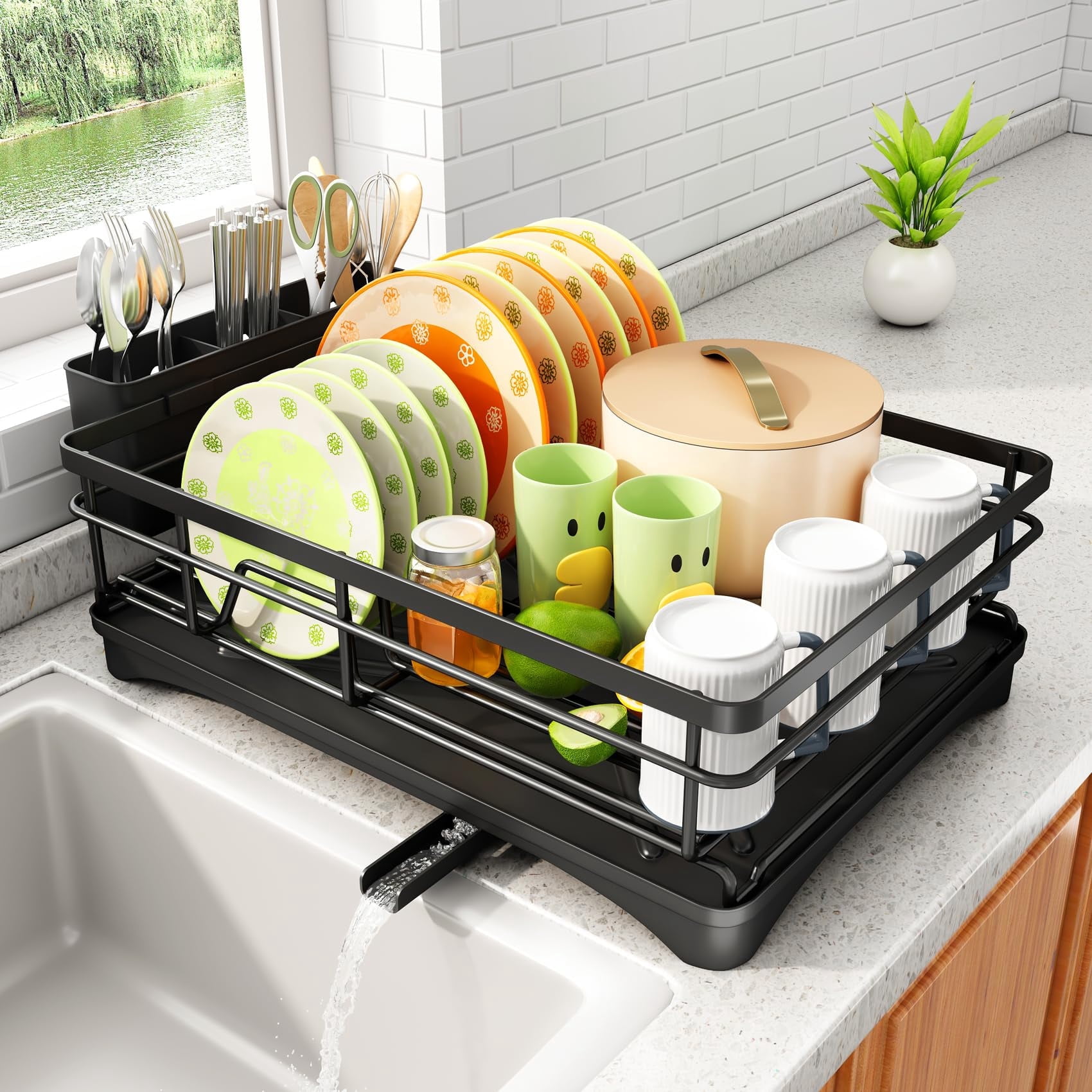 Gimgong Metal Dish Rack with Utensil Holder and Drainboard, Anti-Rust Kitchen Organizer, Black - Image 5
