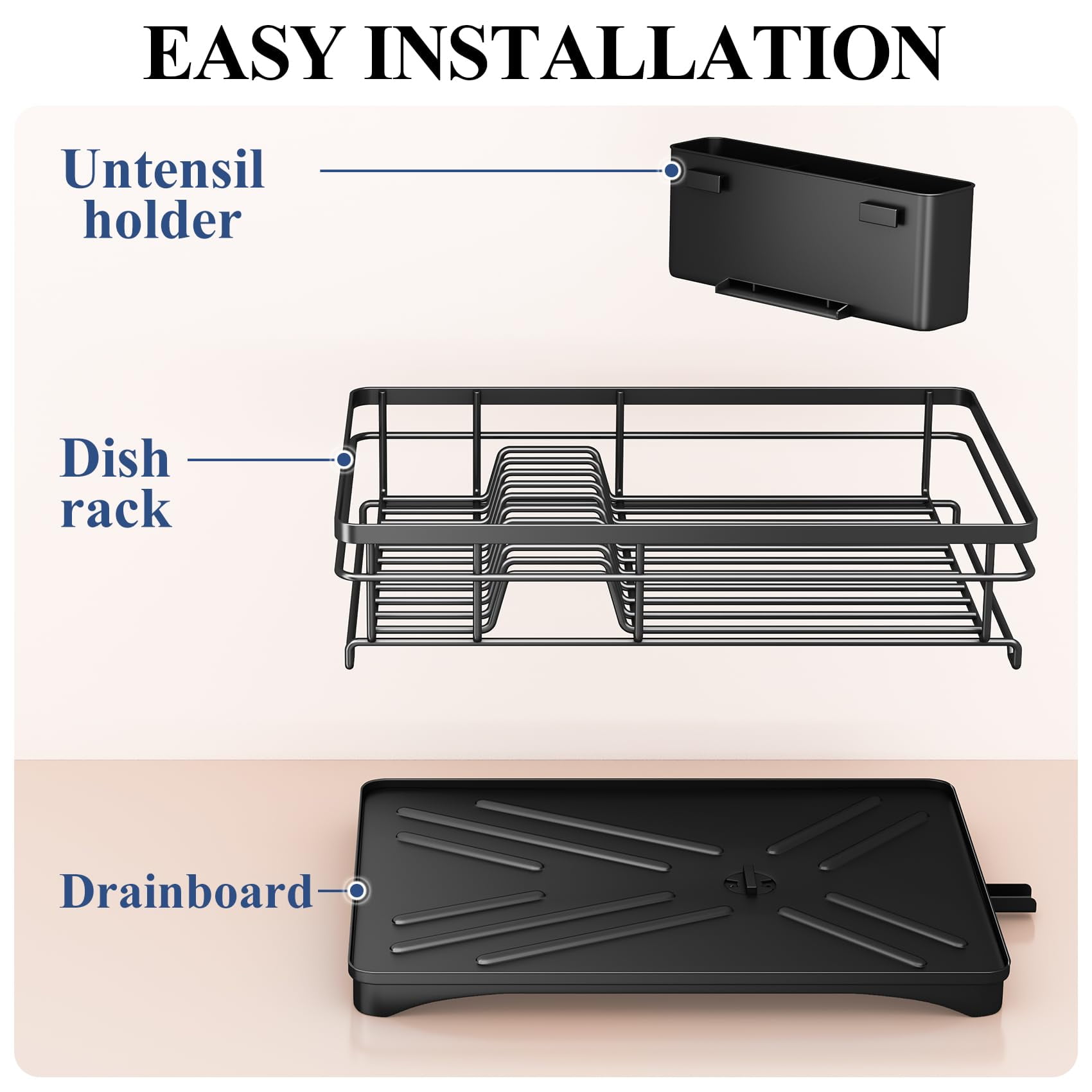 Gimgong Metal Dish Rack with Utensil Holder and Drainboard, Anti-Rust Kitchen Organizer, Black - Image 4