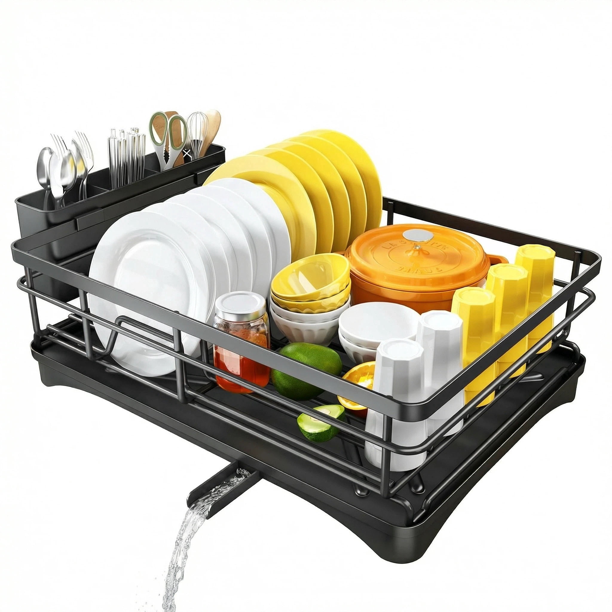 Gimgong Metal Dish Rack with Utensil Holder and Drainboard, Anti-Rust Kitchen Organizer, Black