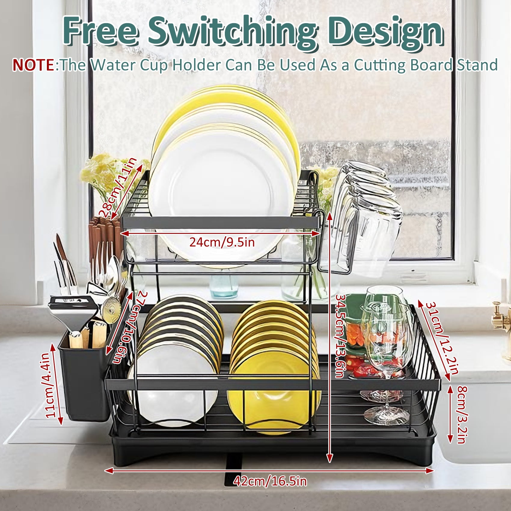 Glovv 2 Tiers Detachable Dish Drying Rack, Collapsible over the Sink Dish Rack, Versatile Racks for Kitchen Counter with Auto Drainage System and Breathable Mesh, Black - Image 4