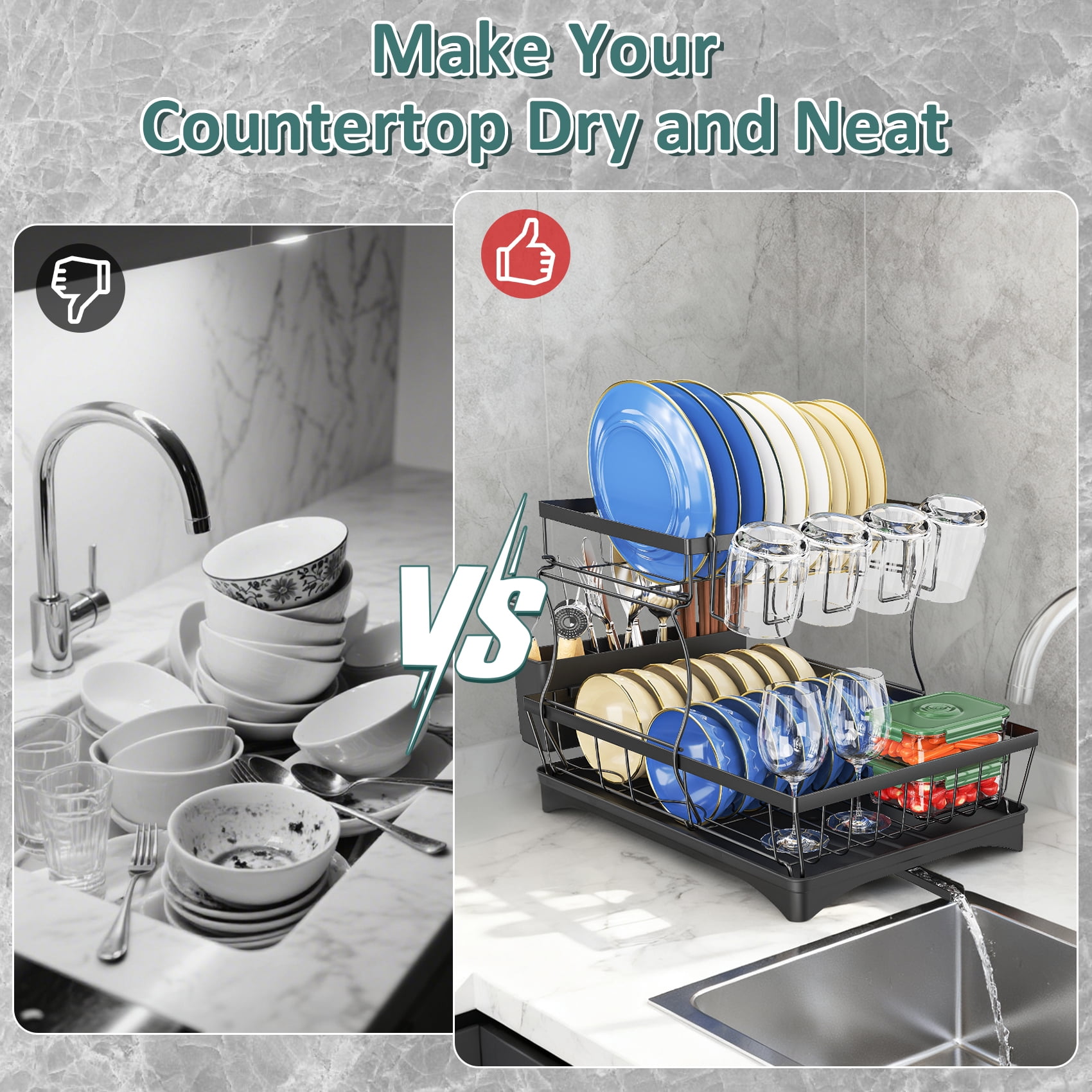 Glovv 2 Tiers Detachable Dish Drying Rack, Collapsible over the Sink Dish Rack, Versatile Racks for Kitchen Counter with Auto Drainage System and Breathable Mesh, Black - Image 3
