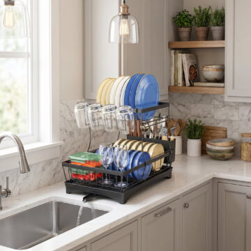 Glovv 2 Tiers Detachable Dish Drying Rack, Collapsible over the Sink Dish Rack, Versatile Racks for Kitchen Counter with Auto Drainage System and Breathable Mesh, Black