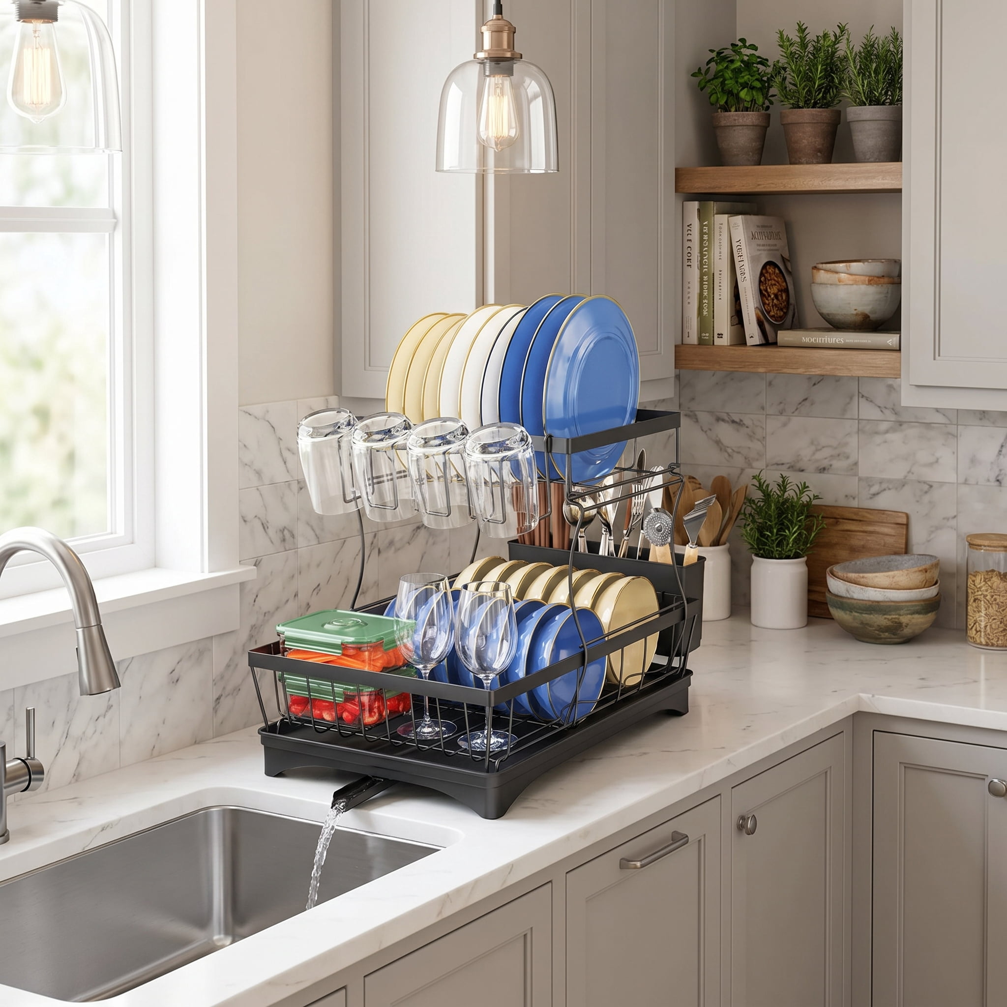 Glovv 2 Tiers Detachable Dish Drying Rack, Collapsible over the Sink Dish Rack, Versatile Racks for Kitchen Counter with Auto Drainage System and Breathable Mesh, Black