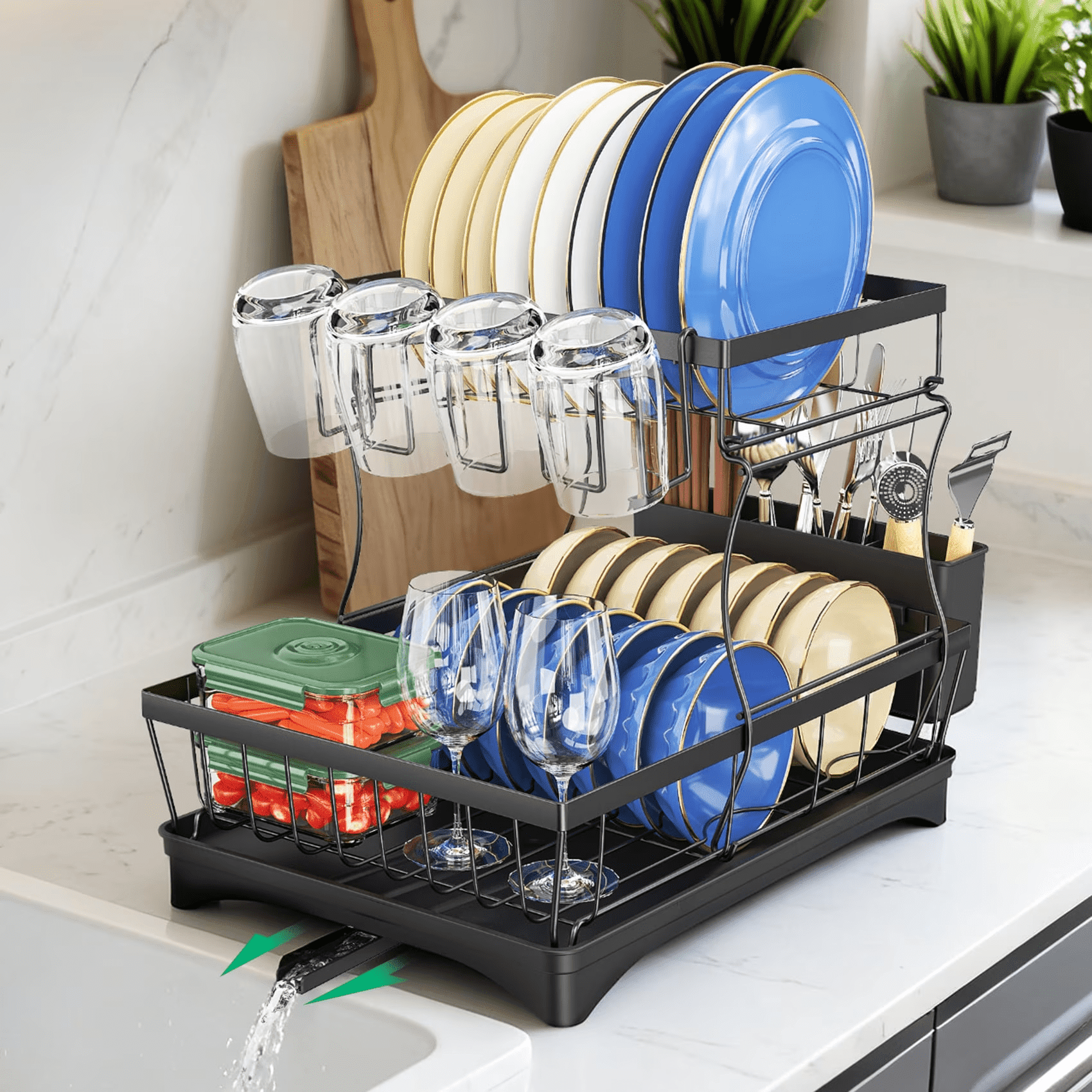 Glovv 2 Tiers Detachable Dish Drying Rack, Collapsible over the Sink Dish Rack, Versatile Racks for Kitchen Counter with Auto Drainage System and Breathable Mesh, Black - Image 5