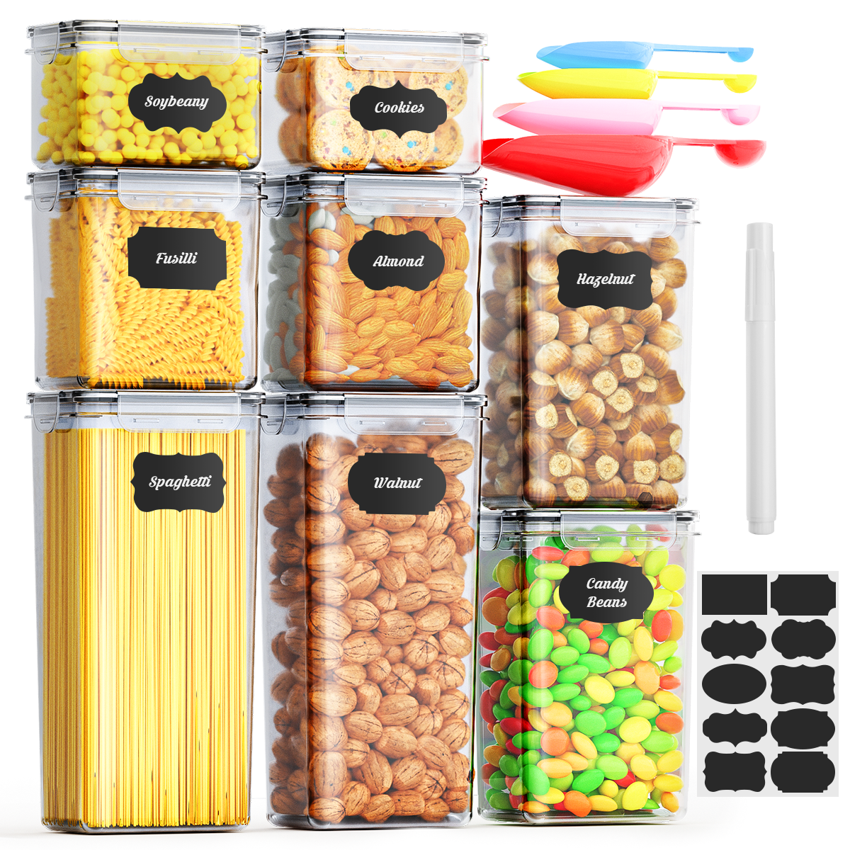 GPED 8PCS Airtight Food Storage Containers Set with Lids, BPA Free Kitchen and Pantry Organization, Plastic Leak-Proof Canisters for Cereal Flour & Sugar - Spoon Set, Labels & Marker
