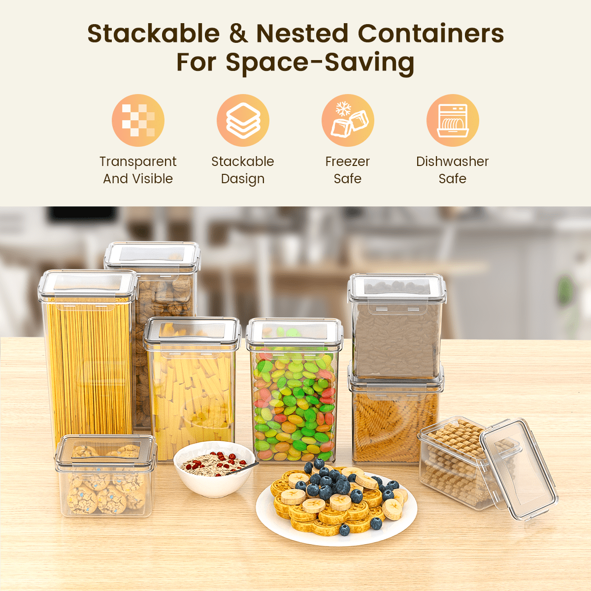 GPED 8PCS Airtight Food Storage Containers Set with Lids, BPA Free Kitchen and Pantry Organization, Plastic Leak-Proof Canisters for Cereal Flour & Sugar - Spoon Set, Labels & Marker - Image 2