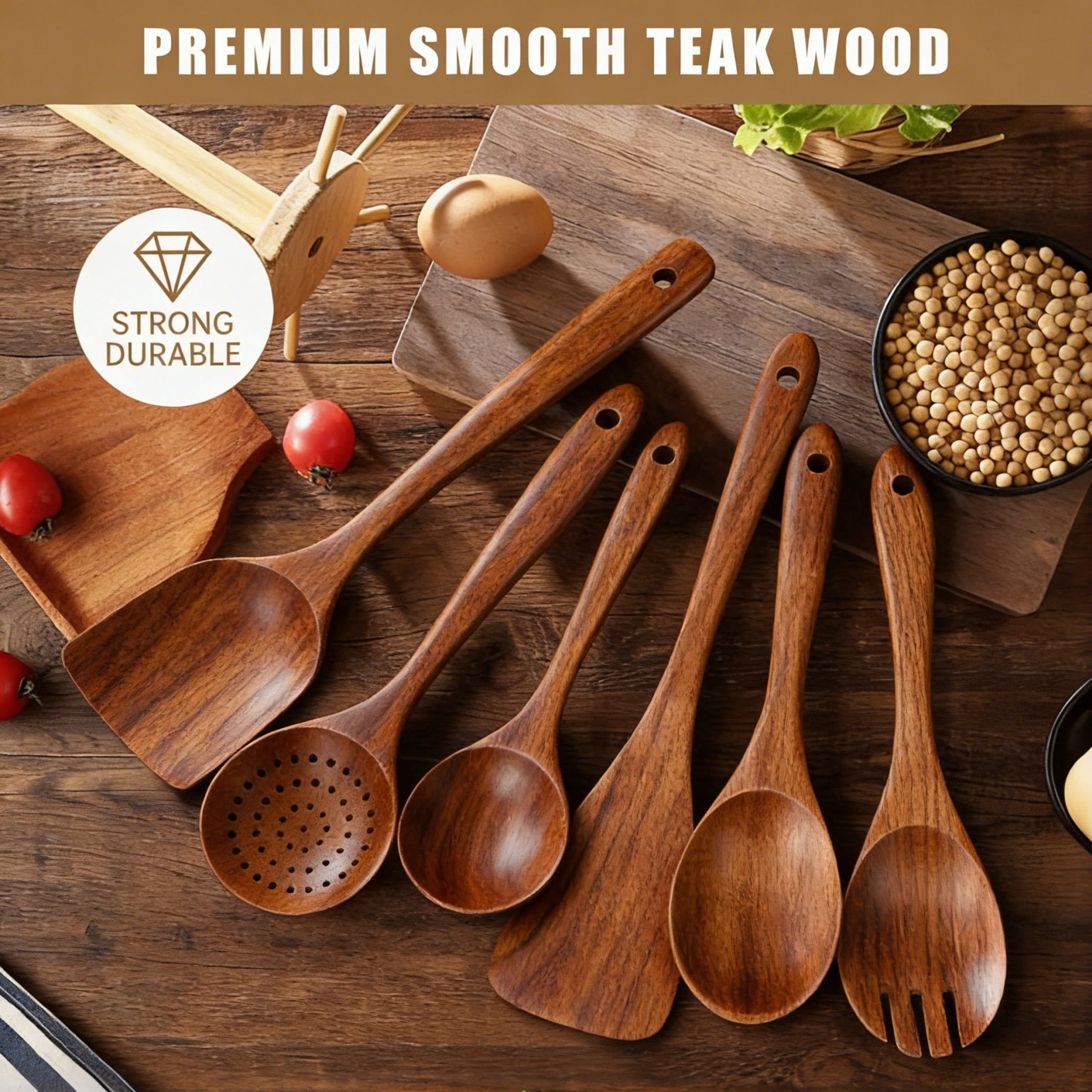 GPED Wooden Spoons for Cooking, 6 PCS Teak Wood Cooking Utensil Set, Wooden Kitchen Utensils for Nonstick Pans & Cookware, Spoons and Spatula Set, Sturdy, Lightweight & Heat Resistant - Image 4