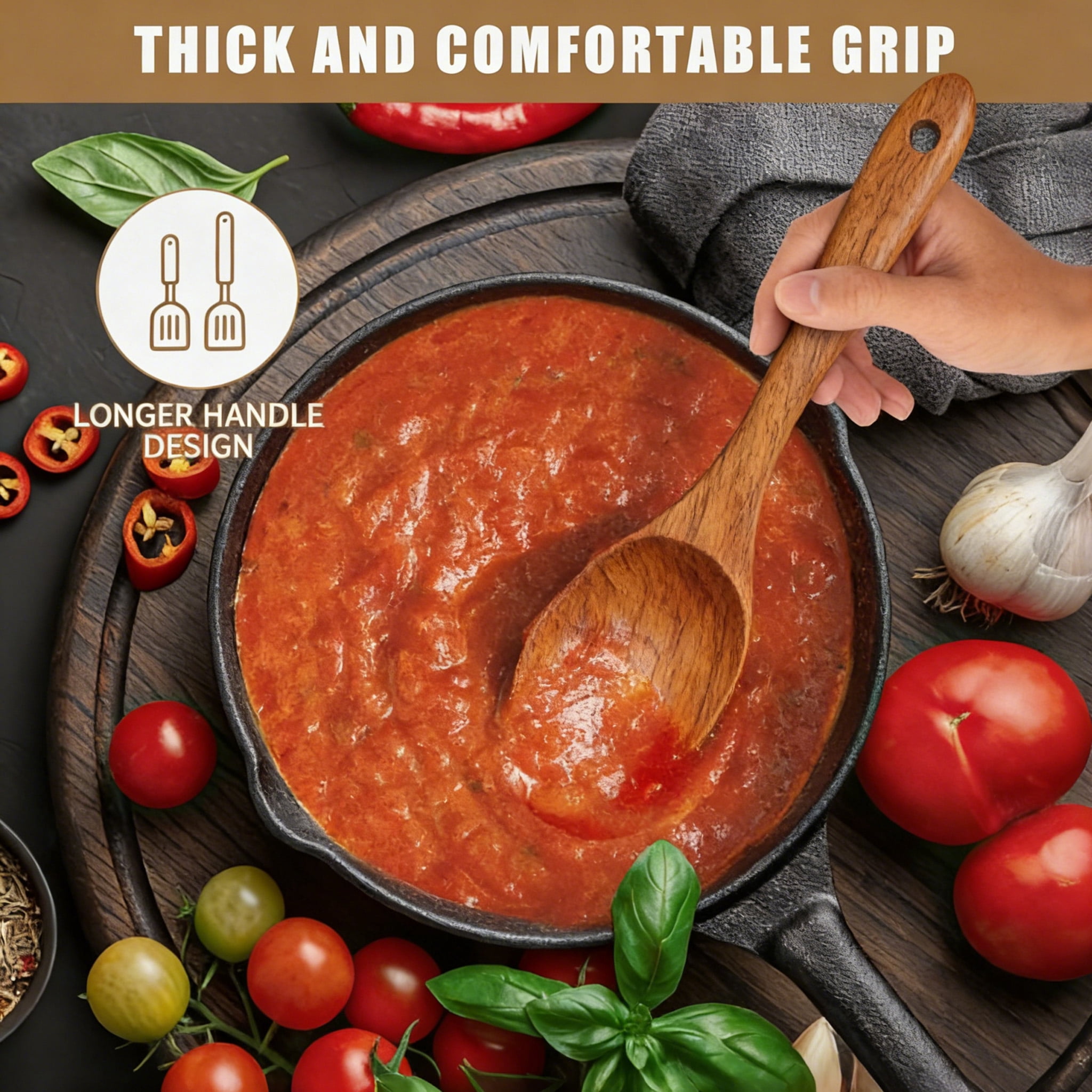 GPED Wooden Spoons for Cooking, 6 PCS Teak Wood Cooking Utensil Set, Wooden Kitchen Utensils for Nonstick Pans & Cookware, Spoons and Spatula Set, Sturdy, Lightweight & Heat Resistant - Image 2