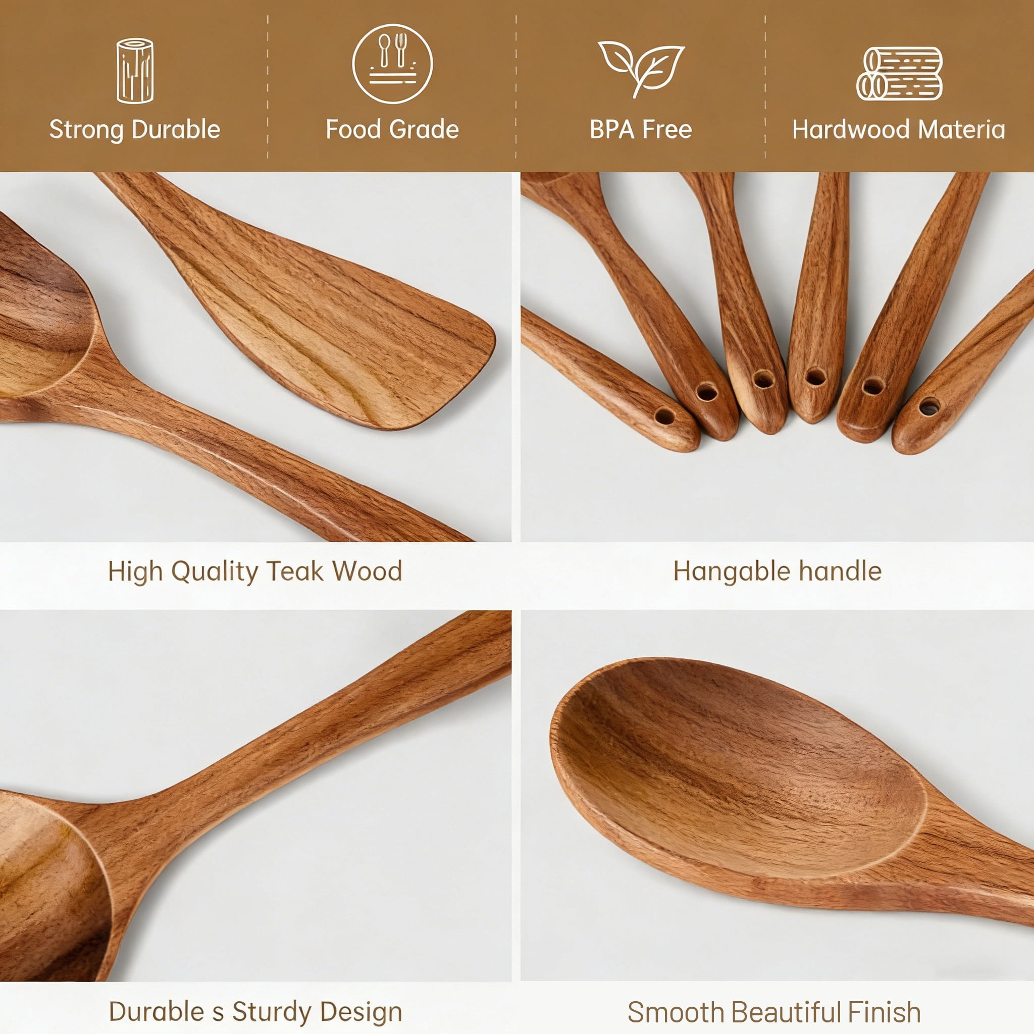 GPED Wooden Spoons for Cooking, 6 PCS Teak Wood Cooking Utensil Set, Wooden Kitchen Utensils for Nonstick Pans & Cookware, Spoons and Spatula Set, Sturdy, Lightweight & Heat Resistant - Image 3