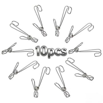 Guczhu Stainless Steel Clothespins with Hooks(10PCS), Metal Laundry Clips Windproof, Heavy Duty Clips for Hanging Towels Quilts