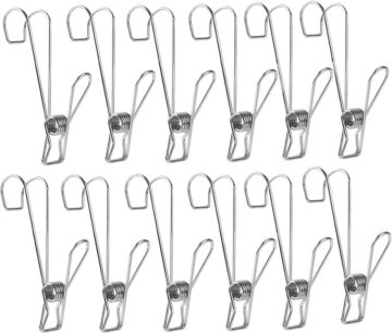 Happon 12 Pack Clothes Pegs,Metal Long Tail Clip with Hooks Stainless Steel Laundry Hanging Clothesline Clips for Clothes, Paper Files, Snacks Seal