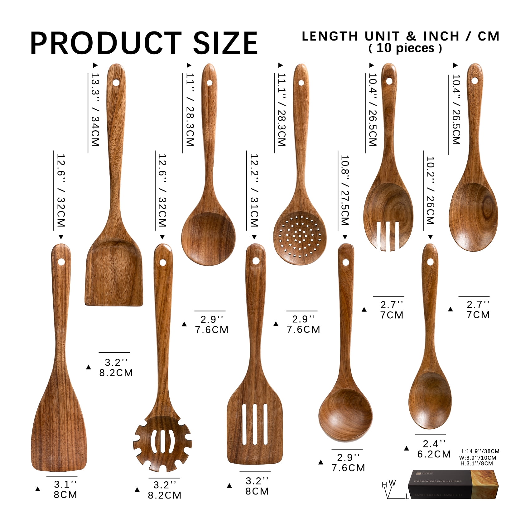 Hefild 10Piece Acacia Wooden Nonstick Kitchen Set , Wooden Spoons and Spatulas for Cooking. - Image 3