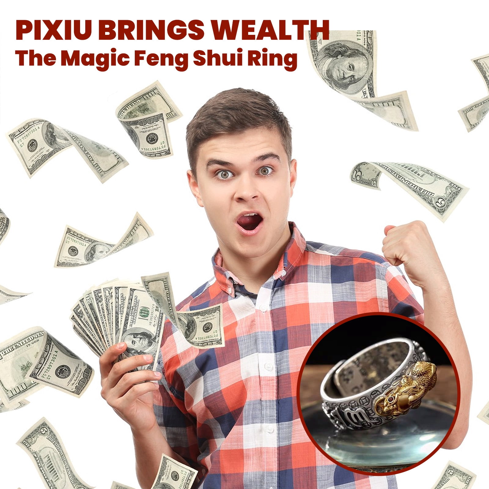 HETICA Pixiu Feng Shui Ring for Men Women, Adjustable Wealth and Protection Good Luck Money Amulet, Fortune Wide Face Ring - Image 3