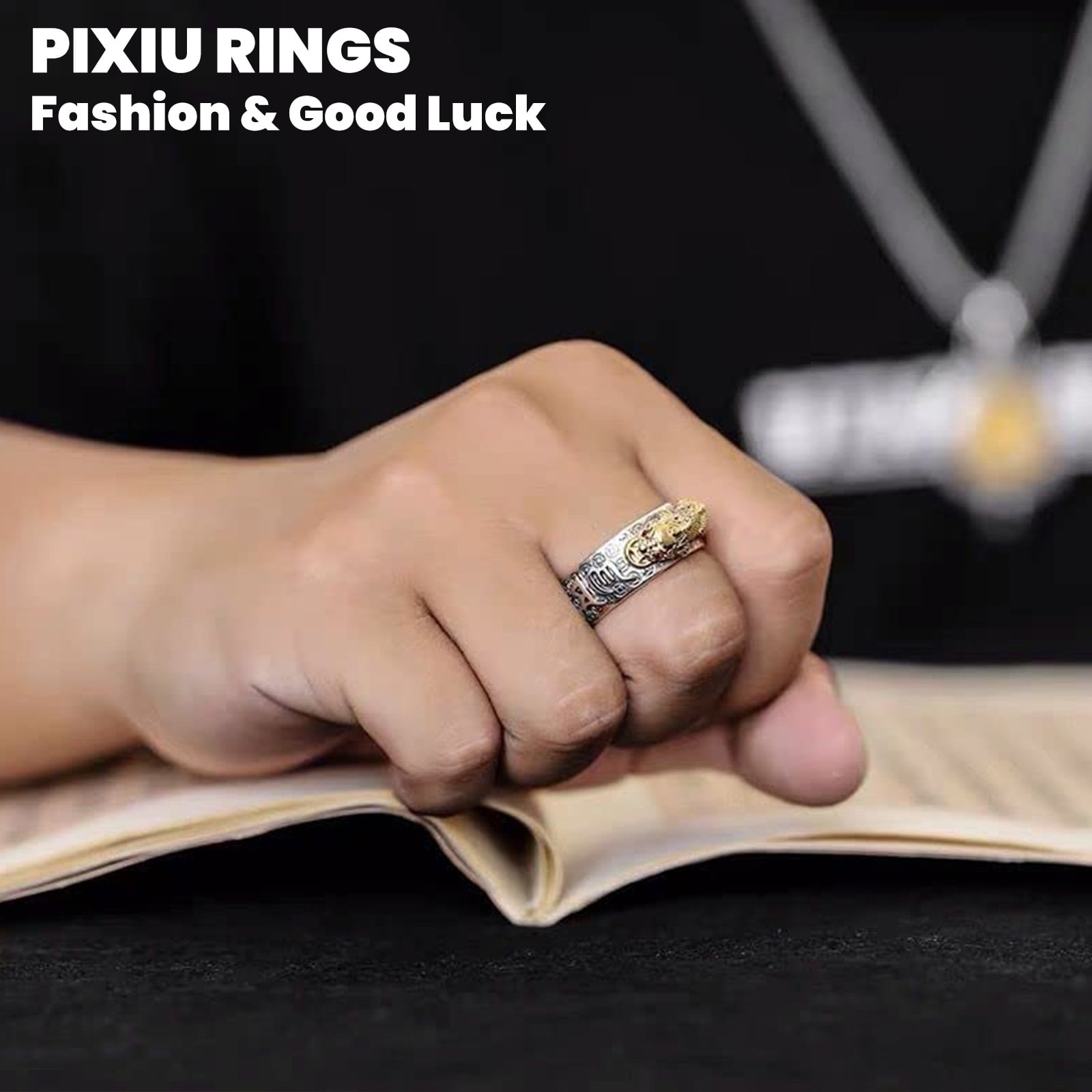 HETICA Pixiu Feng Shui Ring for Men Women, Adjustable Wealth and Protection Good Luck Money Amulet, Fortune Wide Face Ring - Image 4