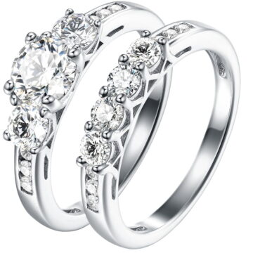 Hidden Gems Jewelry 2Ct Round Three Stone CZ Engagement Ring Set for Women 925 Sterling Silver Size 5-10