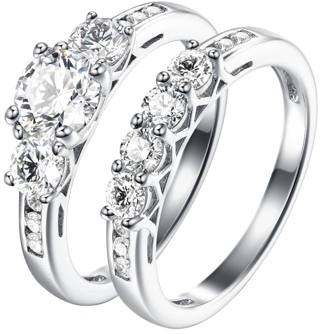Hidden Gems Jewelry 2Ct Round Three Stone CZ Engagement Ring Set for Women 925 Sterling Silver Size 5-10