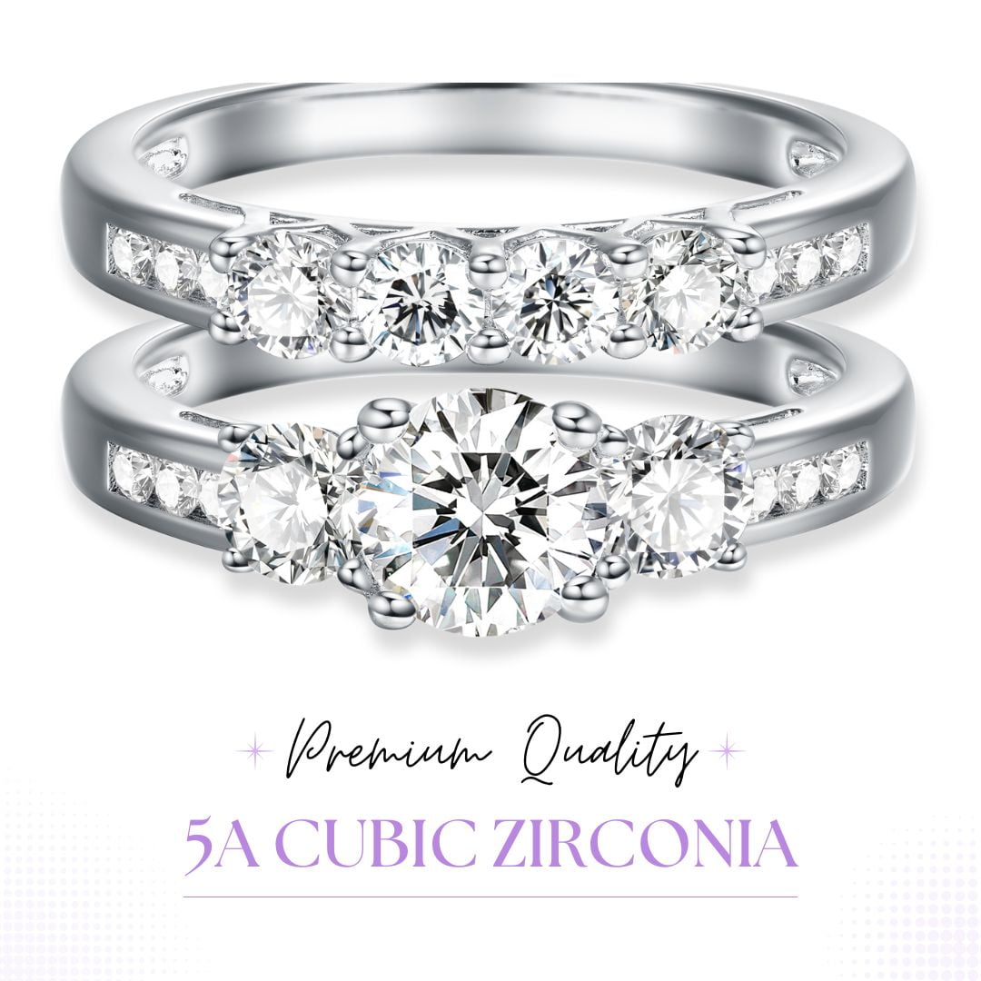 Hidden Gems Jewelry 2Ct Round Three Stone CZ Engagement Ring Set for Women 925 Sterling Silver Size 5-10 - Image 2
