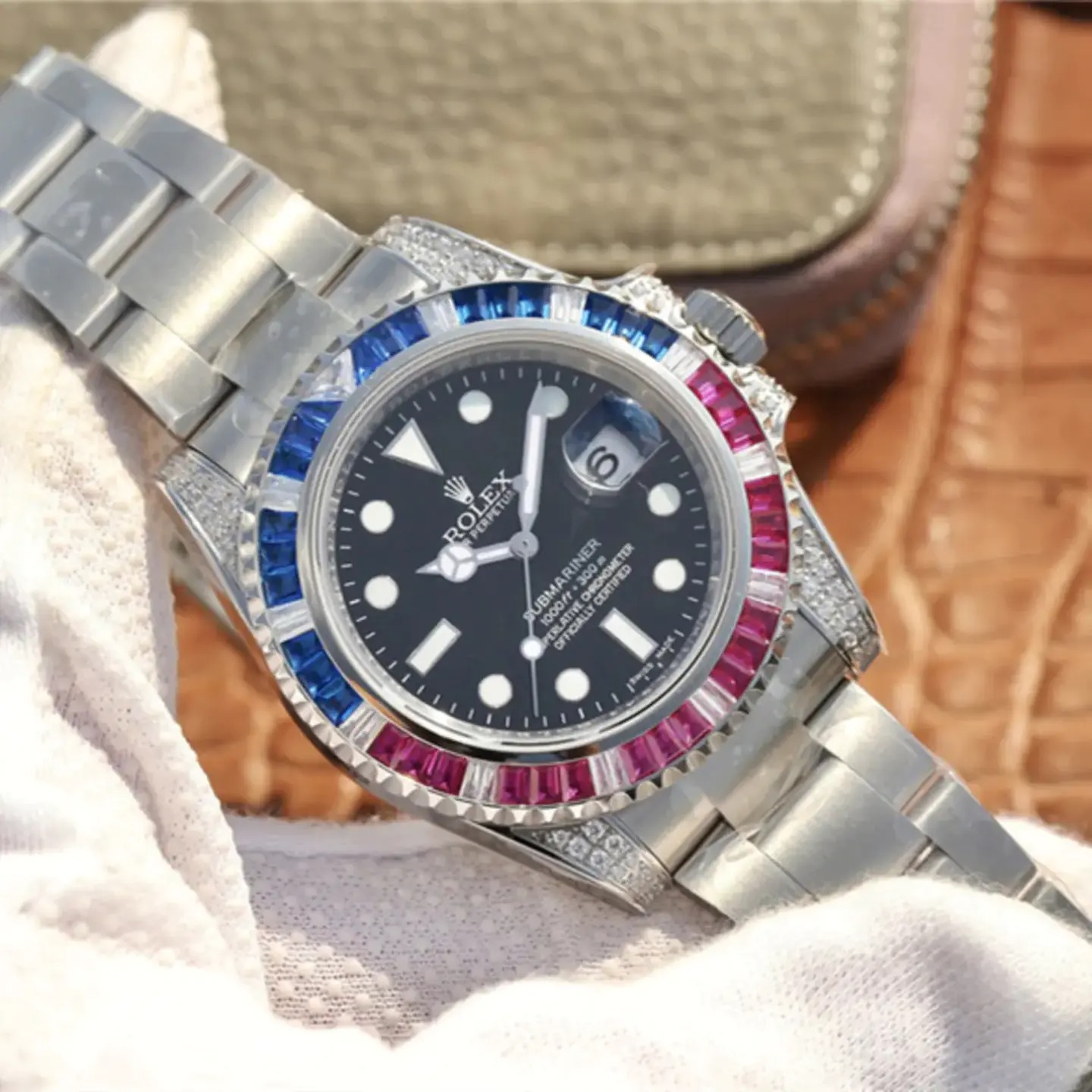 Rolex Submariner Silver Blue/Red Diamond, 40mm 1:1 - Image 4