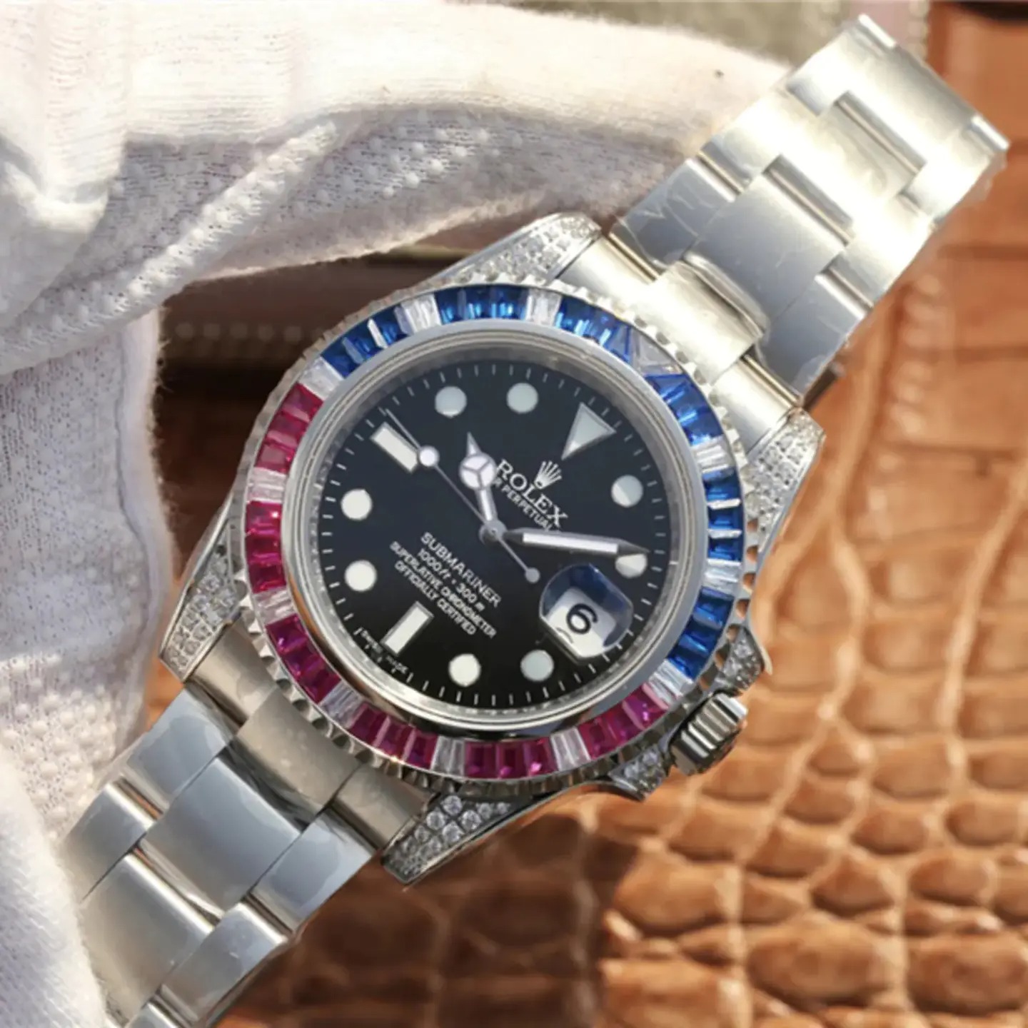 Rolex Submariner Silver Blue/Red Diamond, 40mm 1:1 - Image 10