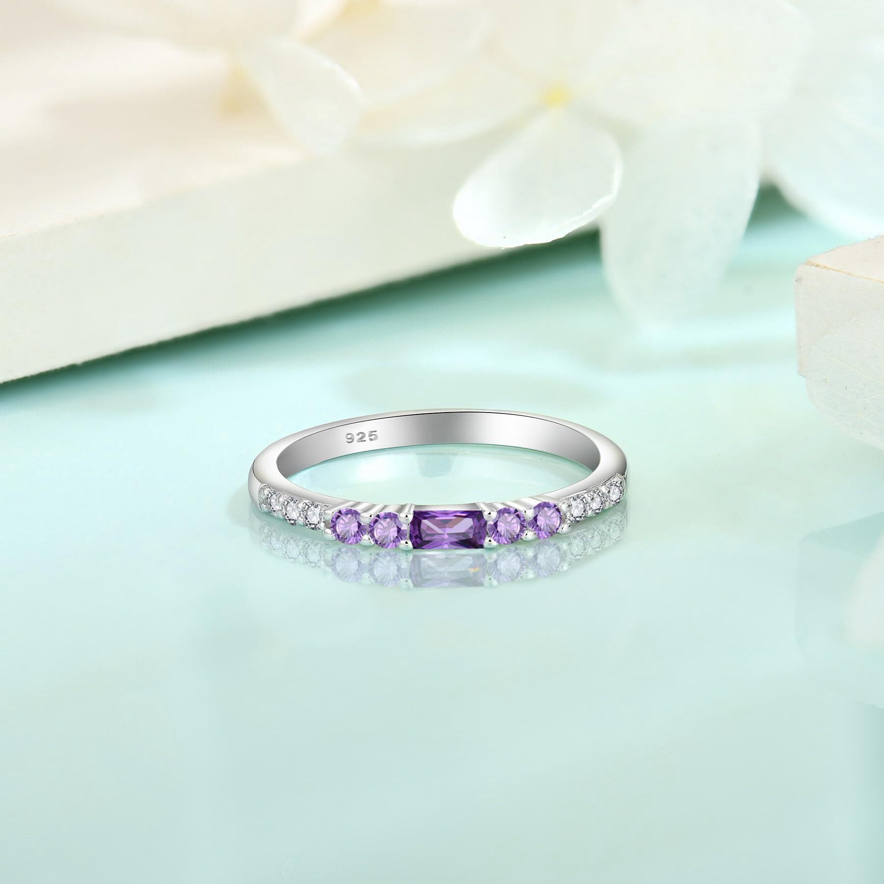 Inpasne Stackable Eternity Ring for Women 925 Sterling Silver Baguette Cut Amethyst Ring February Birthstone Jewelry Gifts for Her Size 7 - Image 4