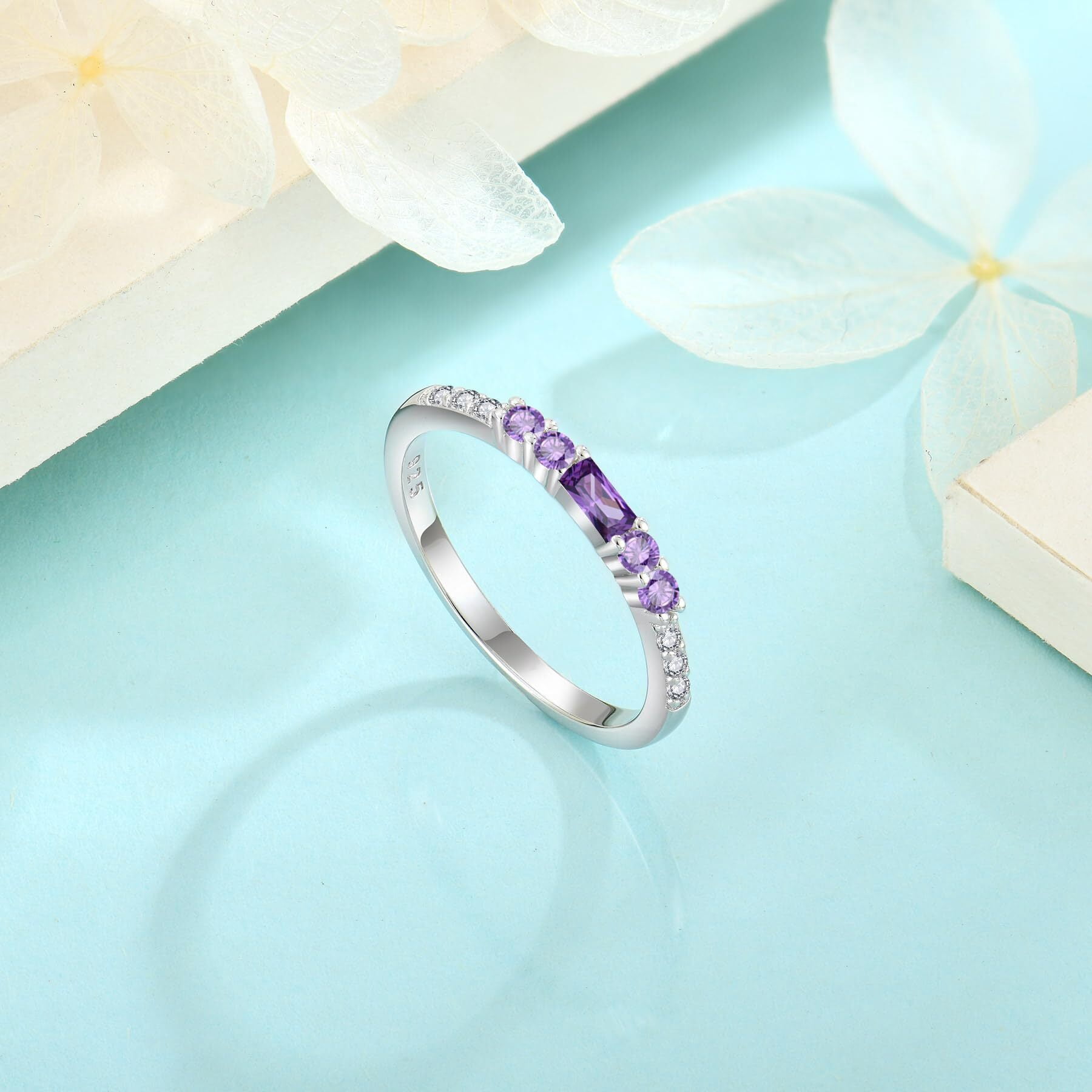 Inpasne Stackable Eternity Ring for Women 925 Sterling Silver Baguette Cut Amethyst Ring February Birthstone Jewelry Gifts for Her Size 7 - Image 3