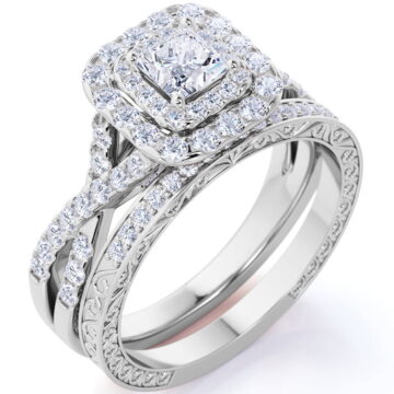 JeenMata 1.25 ct - Square Moissanite - Double Halo - Twisted Band - Vintage Inspired - Pave - Wedding Ring Set in 18K White Gold Plated for Women