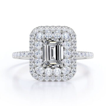 JeenMata 1.5 Carat Emerald Cut Moissanite Engagement Ring - Bridal Ring - Double Halo Ring - Cluster Ring - 18k White Gold Plating for Women