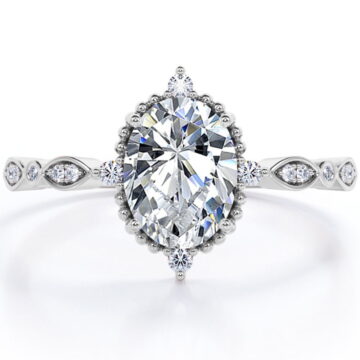 JeenMata 1.5 Carat Moissanite Oval Shape - Vintage Filigree Bezel 5-Stone Milgrain Decorative Engagement Ring In 18K White Gold Plating for Women