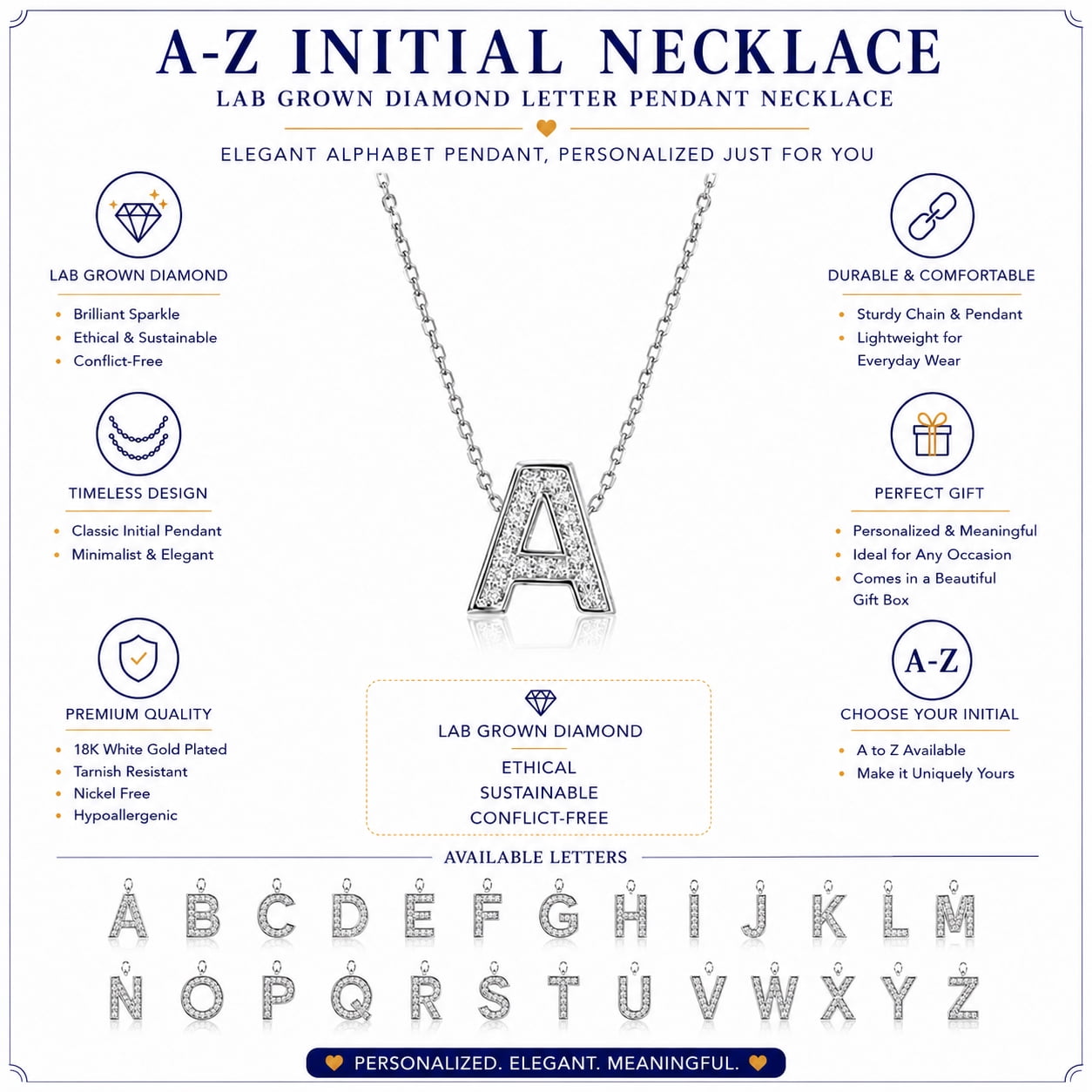 JeenMata Lab Grown Diamond Initial “A” Letter Necklaces - Elegant Alphabet Pendant Necklace Gift - 18K White Gold Plating Jewelry for Women - Image 3