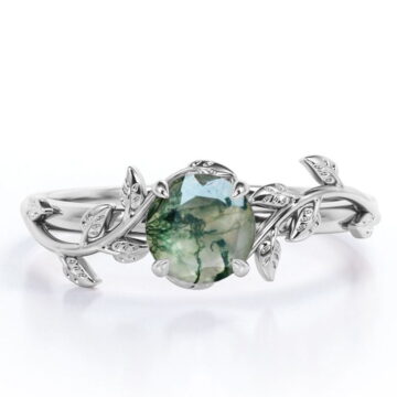 JeenMata Nature Inspired 0.50 Carat Natural Green Moss Agate Solitaire Engagement Ring - Forest Ring - 18K White Gold Plating for Women
