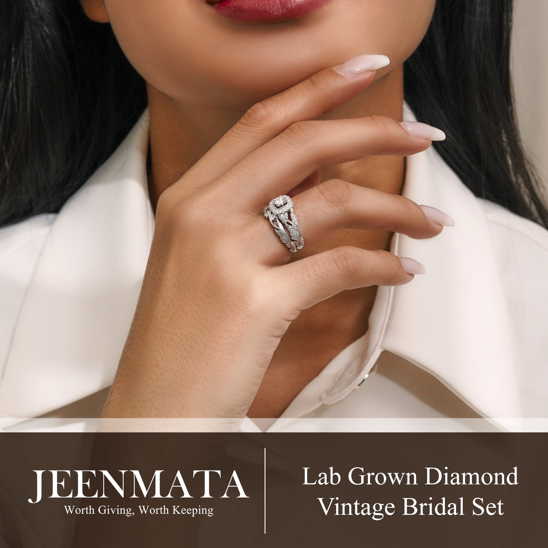 JeenMata Round Cut Lab Grown Diamond - Art Deco Style - Wedding Ring Set in 18K White Gold Plating for Women - Image 5