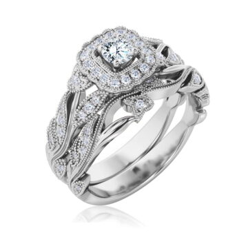 JeenMata Round Cut Lab Grown Diamond - Art Deco Style - Wedding Ring Set in 18K White Gold Plating for Women