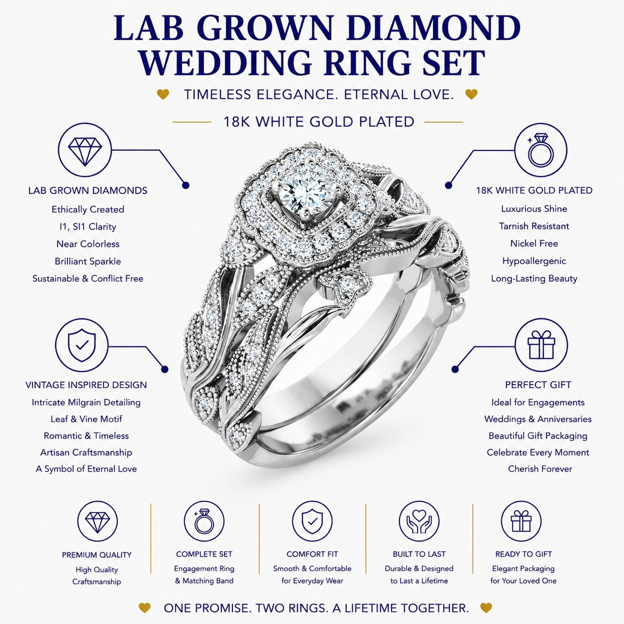 JeenMata Round Cut Lab Grown Diamond - Art Deco Style - Wedding Ring Set in 18K White Gold Plating for Women - Image 3