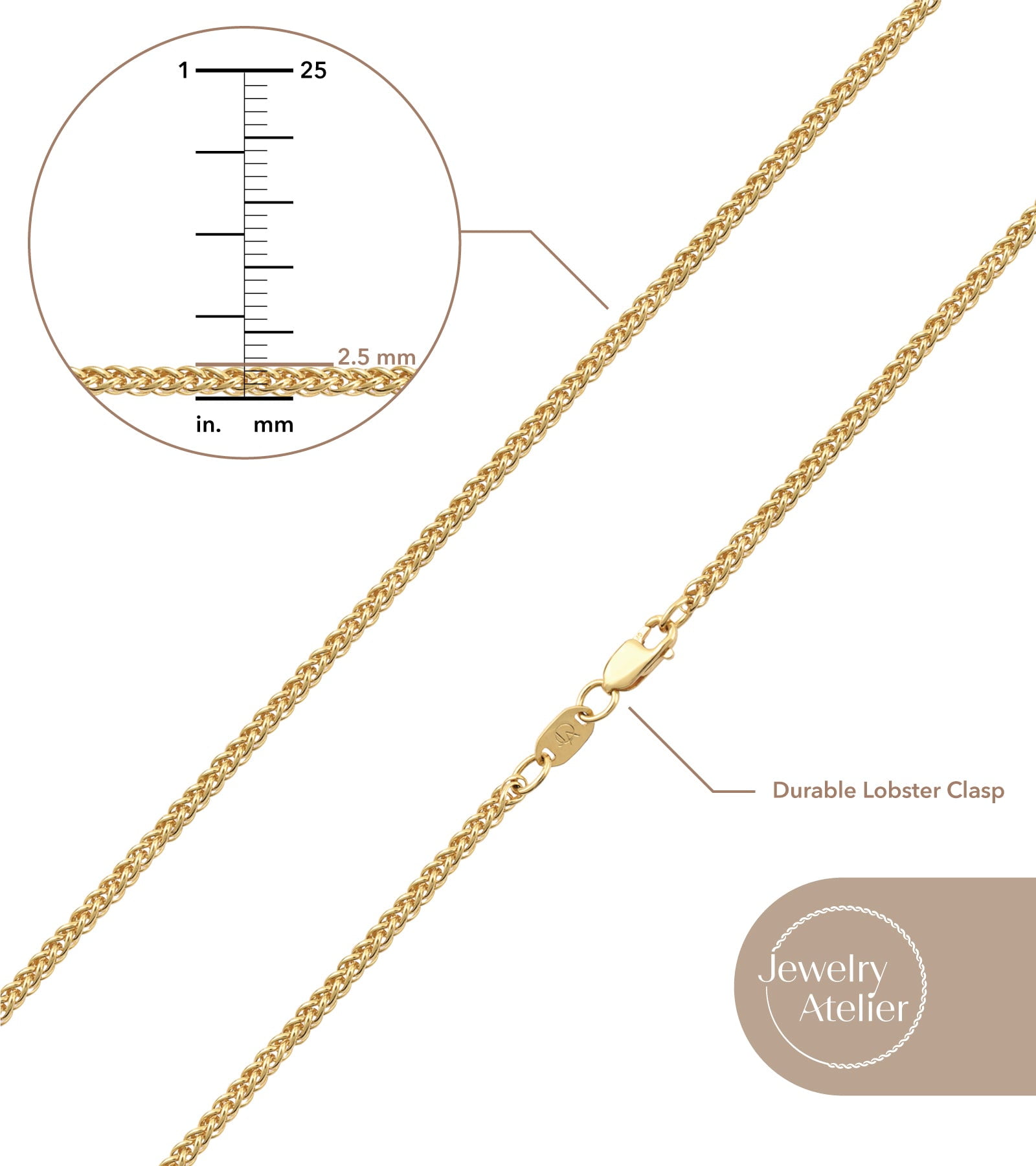 Jewelry Atelier Gold Chain Necklace Collection - 14K Solid Yellow Gold Filled Round Wheat/Palm Chain Necklaces for Women and Men with Different Sizes (2.5mm, or 3.2mm) - Image 3