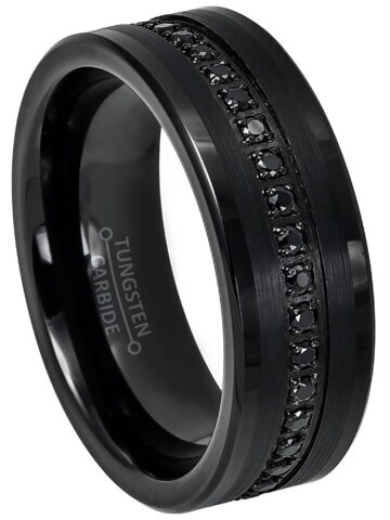 Jewelry Avalanche Mens Black Tungsten Eternity Wedding Ring, Pipe Cut, Black CZ Accent, 8mm Anniversary Band