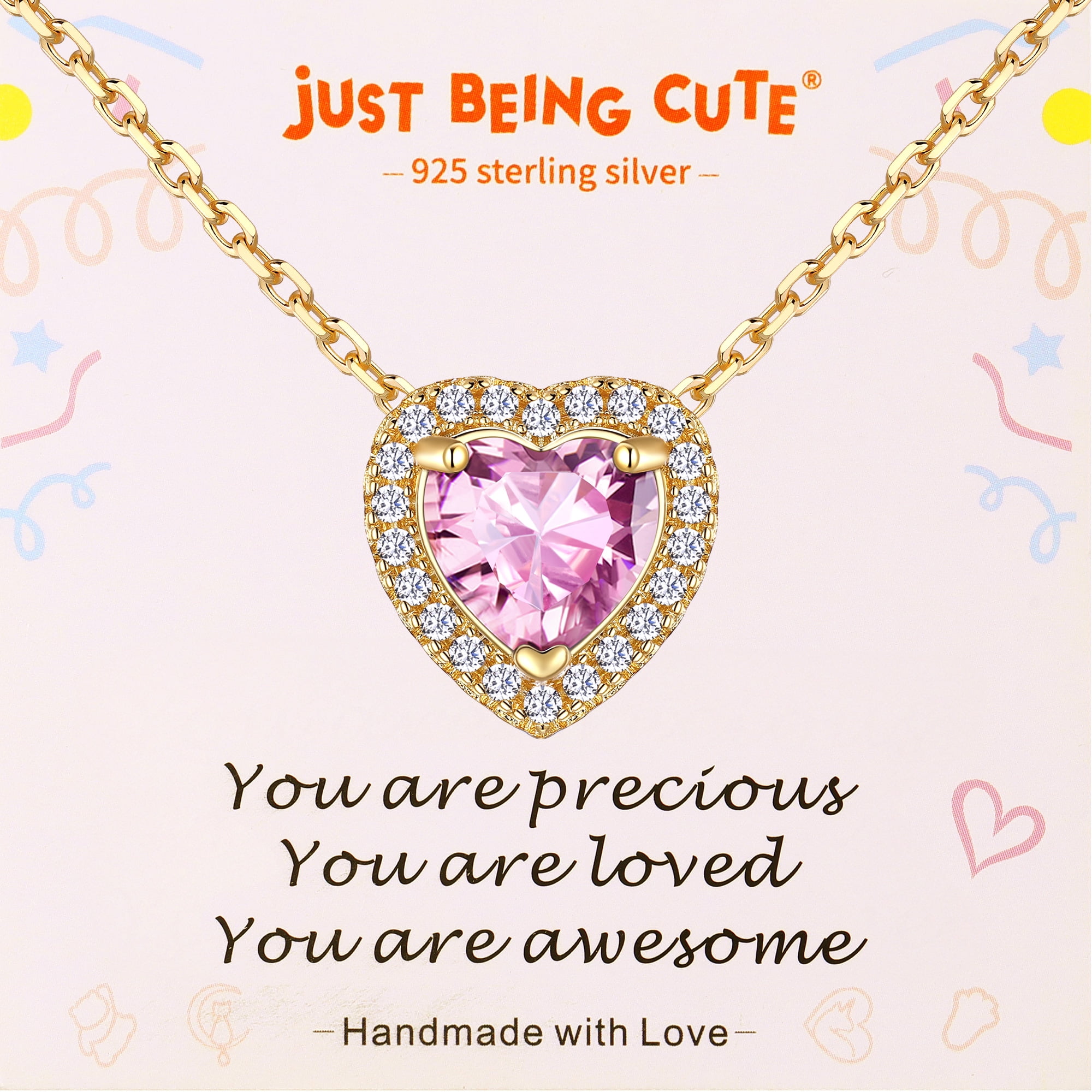 Just Being Cute Created Tourmaline Necklace for Women, 14K Gold Plated Heart Pendant Necklaces 2 Carat Cubic Zirconia Necklace Jewelry Gifts for Birthday Christmas