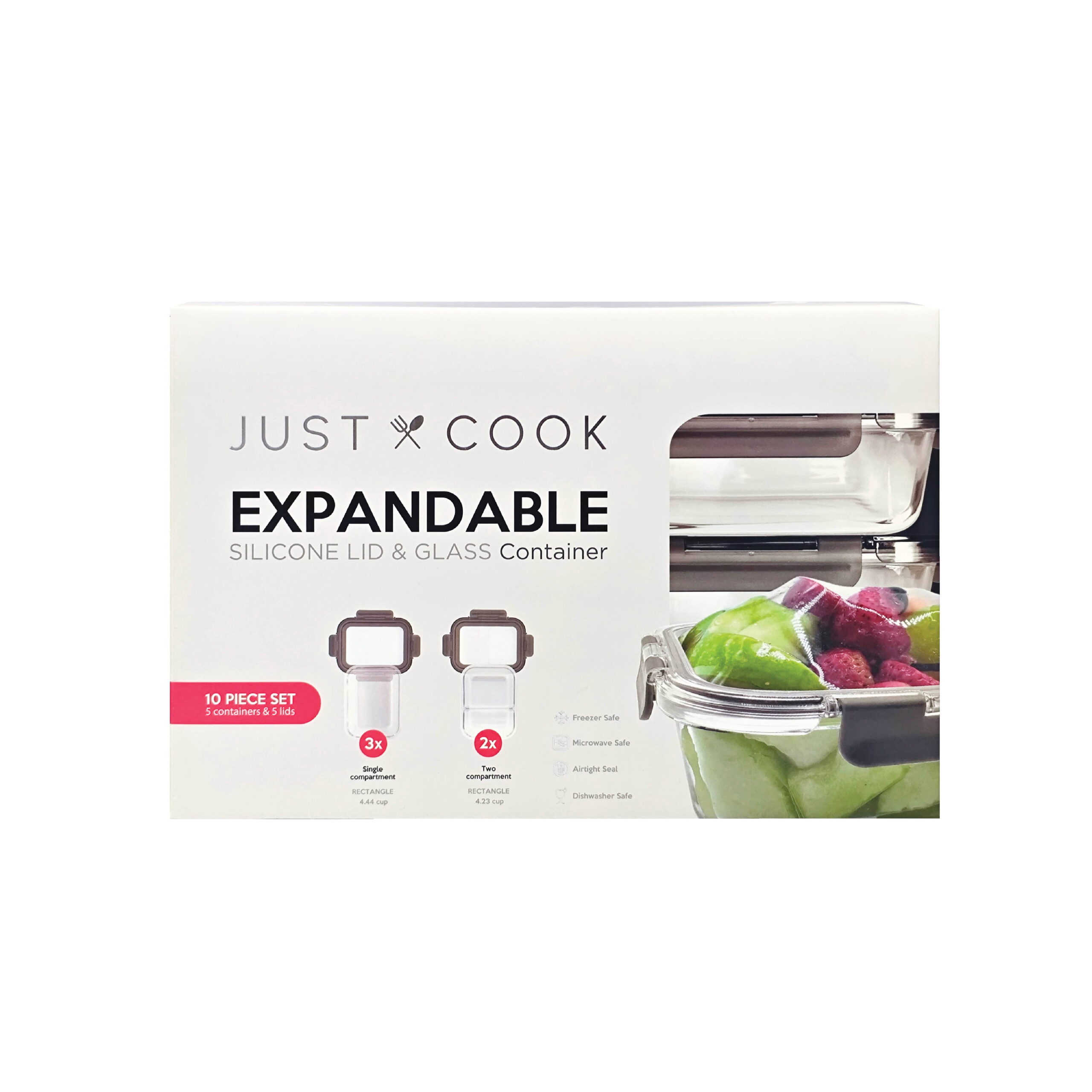 Just Cook Glass Food Storage Container Set with Expandable Silicone Lids, 10PC Set - 3 Single Compartment, 2 Two Compartment, Designed to Help Everyday Kitchen and Lunch Organization - Image 2
