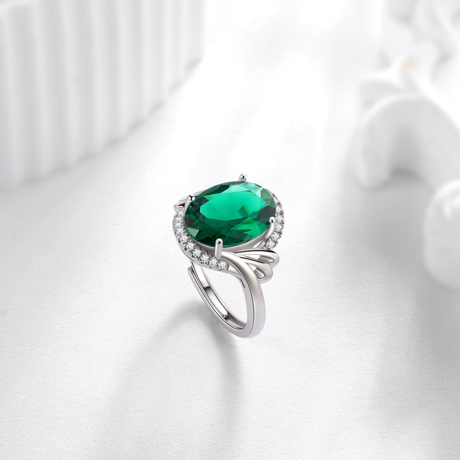 Juwaliy 8Ct Women Emerald Ring 925 Sterling Silver Oval Halo Green May Birthstone Ring Band Jewelry Birthday Christmas Mom Grandma Mother's Day Gifts - Image 3