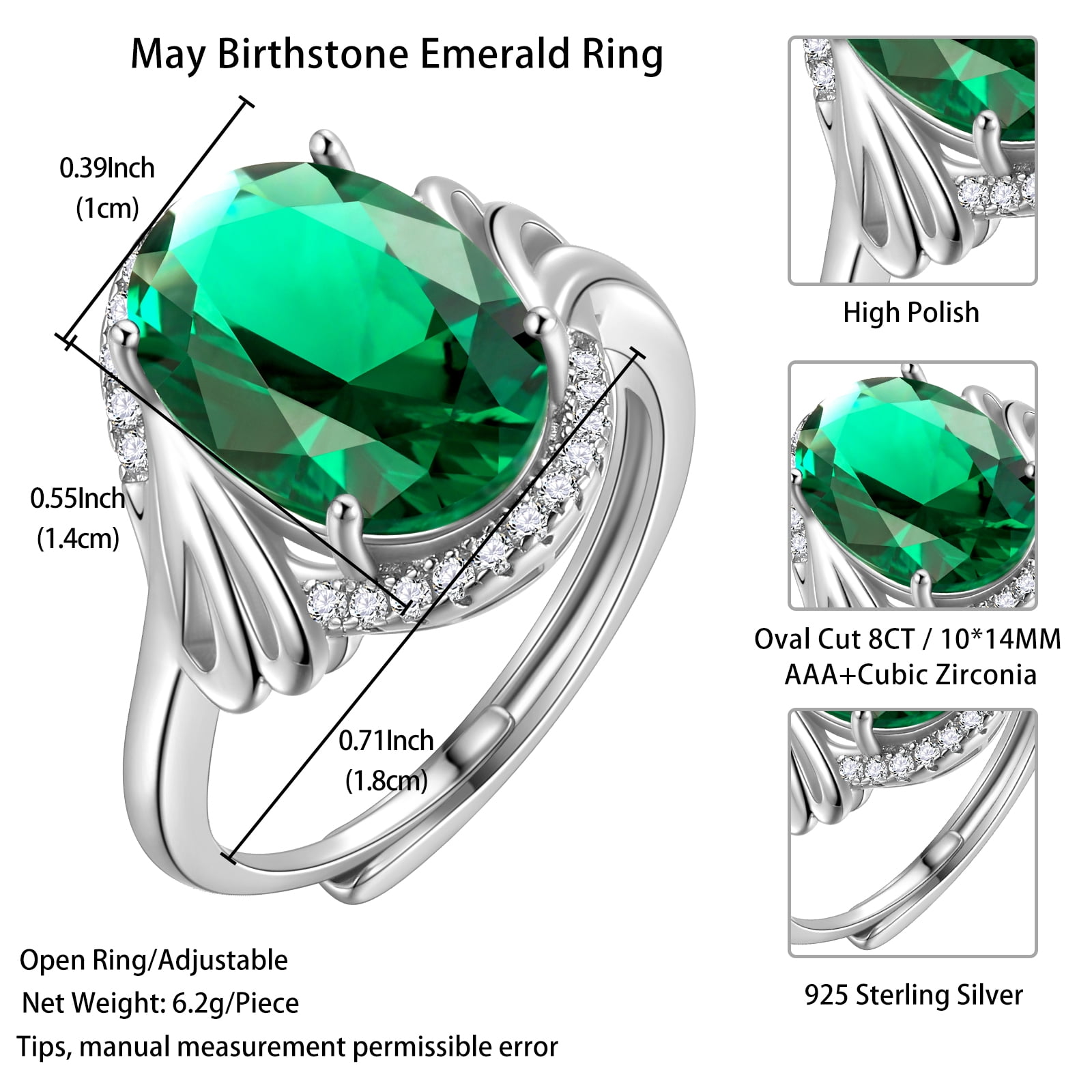 Juwaliy 8Ct Women Emerald Ring 925 Sterling Silver Oval Halo Green May Birthstone Ring Band Jewelry Birthday Christmas Mom Grandma Mother's Day Gifts - Image 2