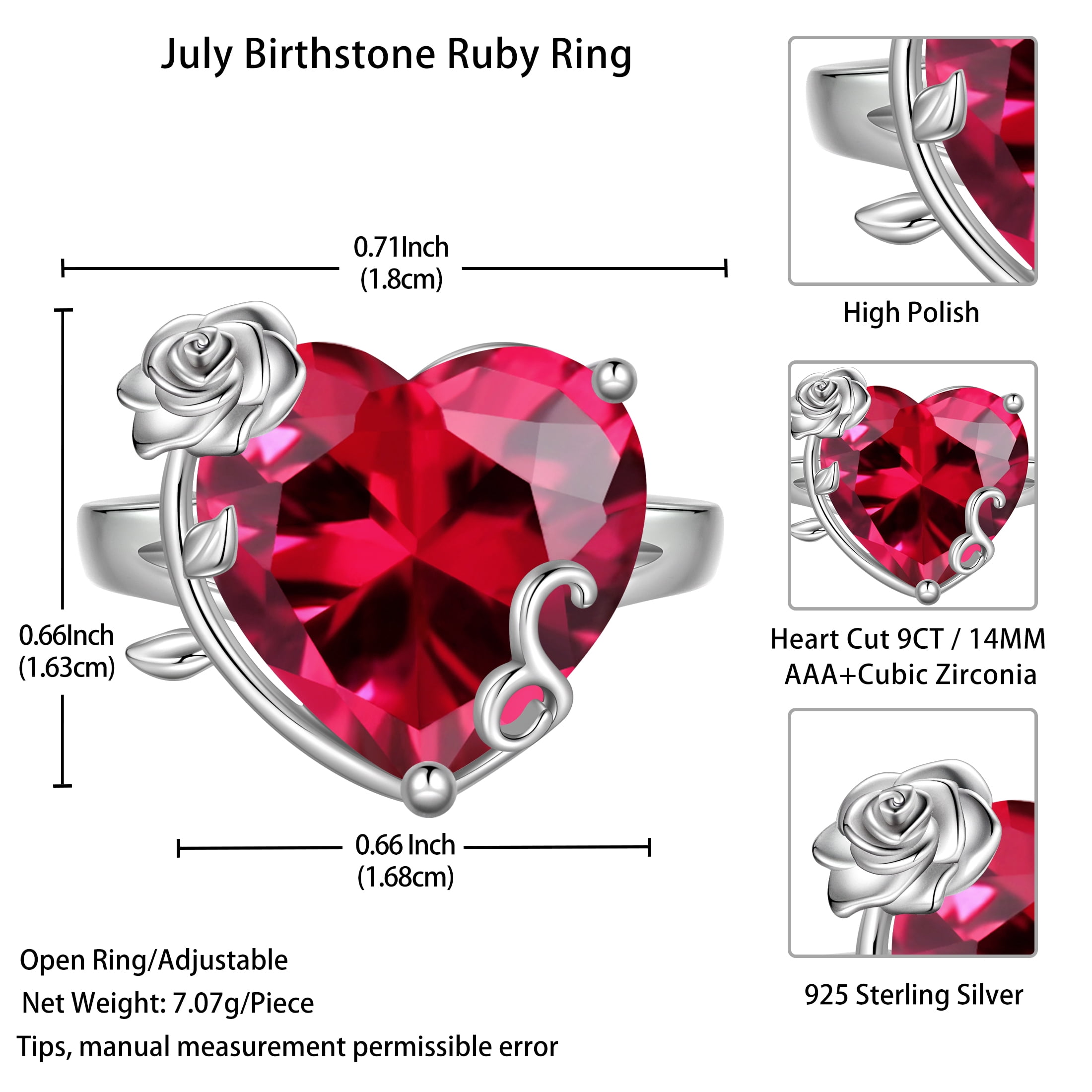 Juwaliy 9Ct Women Heart Ring 925 Sterling Silver Rose Flower July Birthstone Ruby Red Solitaire Ring Jewelry Mother Birthday Valentine's Day Gift - Image 2