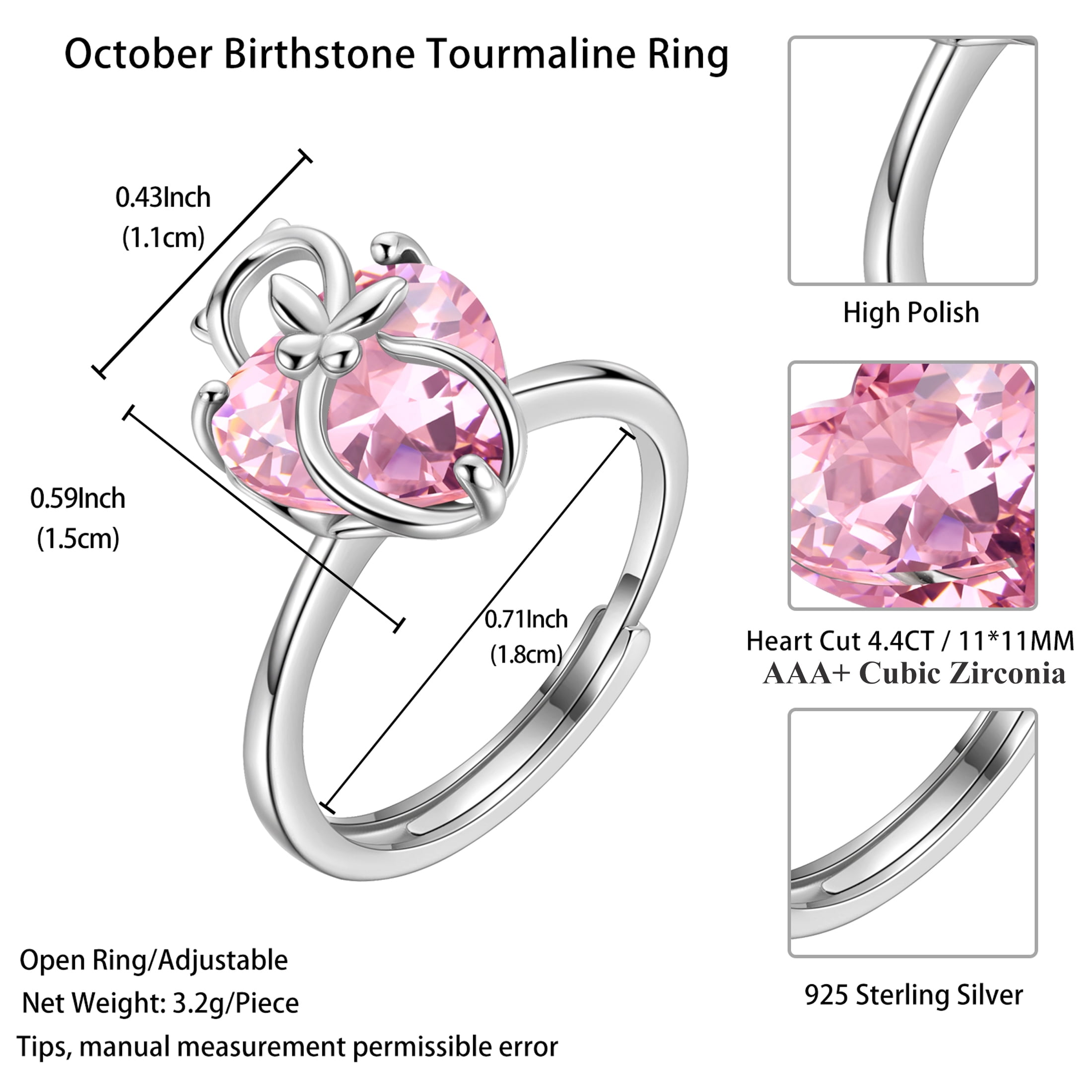 Juwaliy Women Heart Ring 925 Sterling Silver Cat Butterfly October Birthstone Tourmaline Pink Solitaire Ring Jewelry Mother Birthday Valentine's Day Gifts - Image 3
